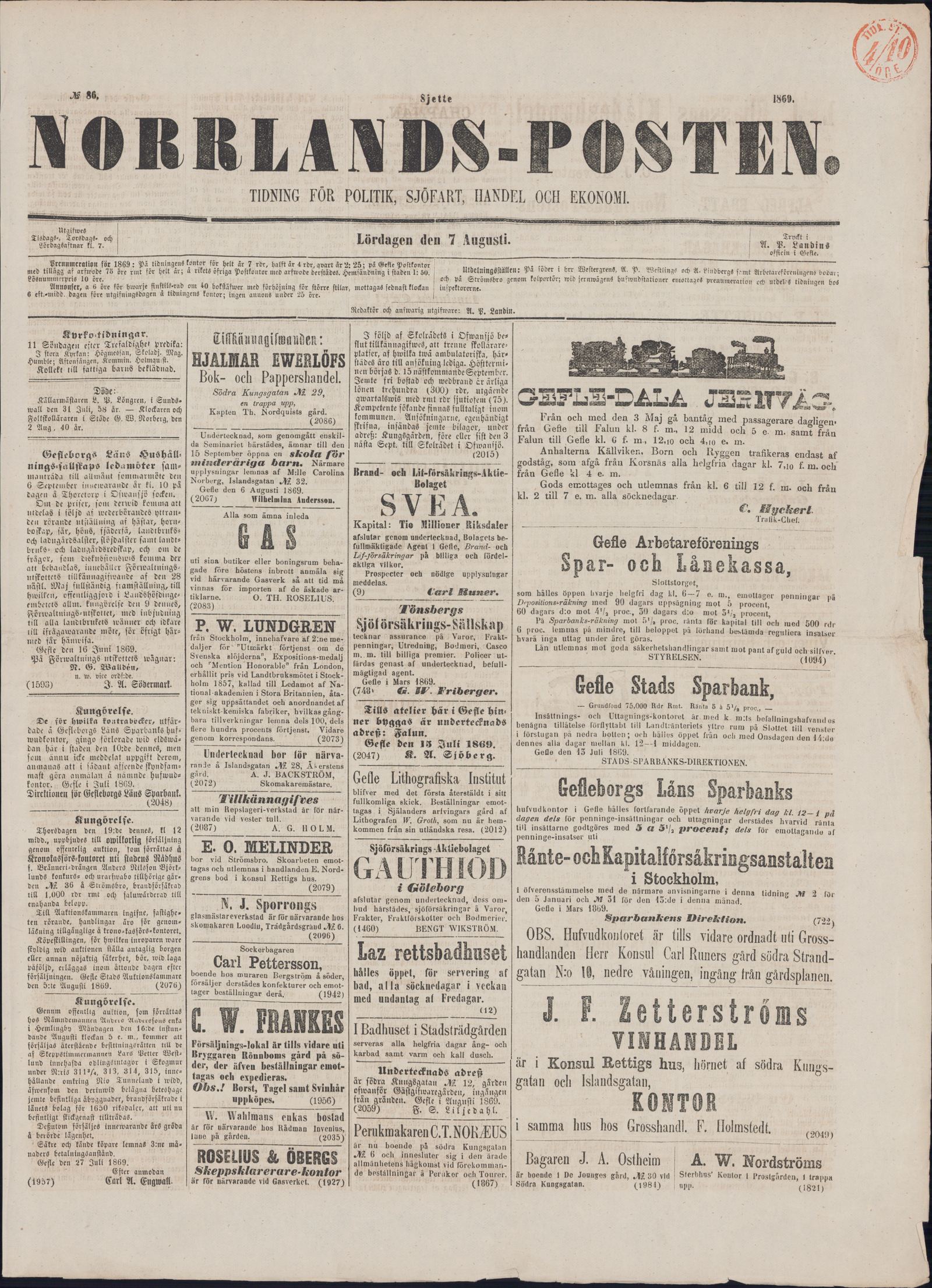 Tidningssida ur NORRLANDSPOSTEN, 1869-08-07