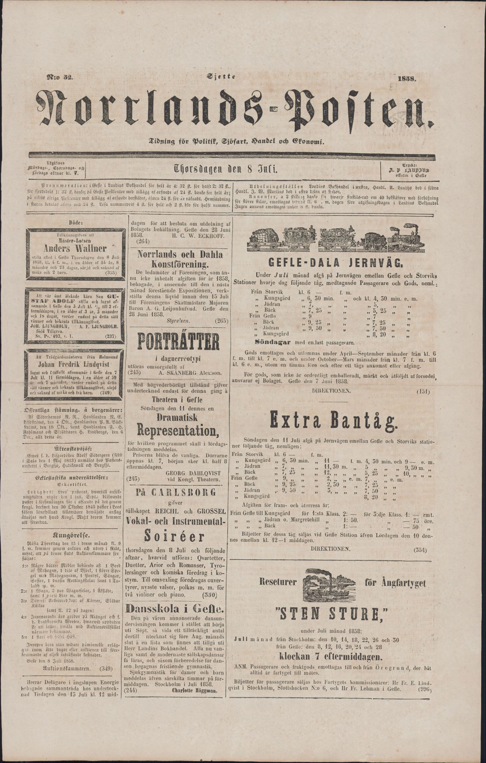 Tidningssida ur NORRLANDSPOSTEN, 1858-07-08