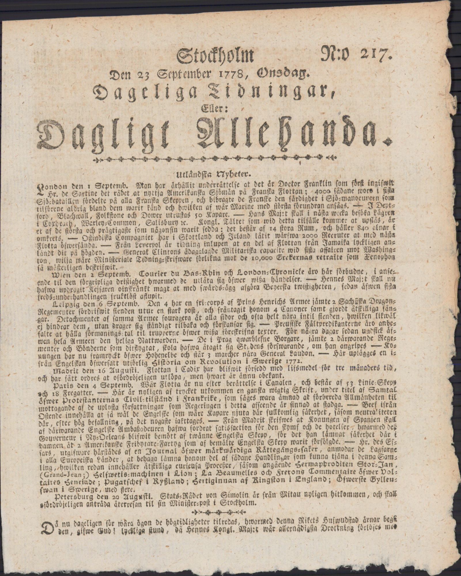 Tidningssida ur DAGLIGT ALLEHANDA, 1778-09-23