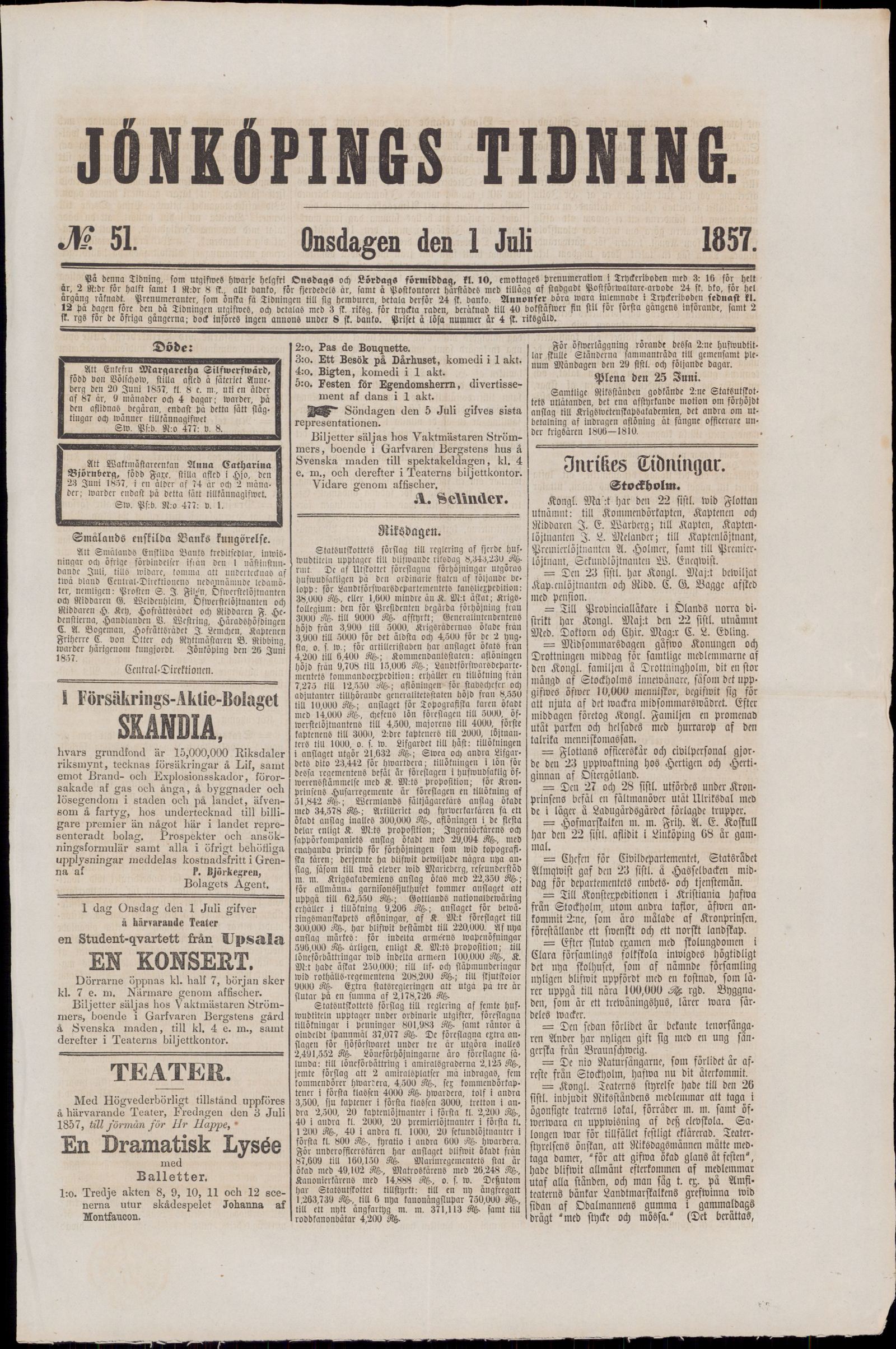 Tidningssida ur JÖNKÖPINGS TIDNING, 1857-07-01