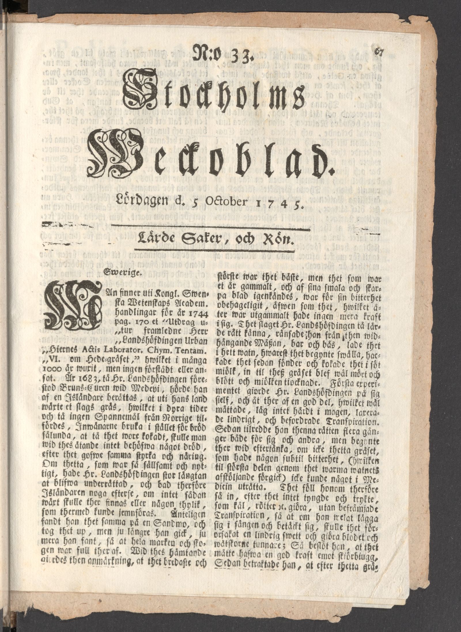 Tidningssida ur STOCKHOLMS WECKOBLAD, 1745-10-05
