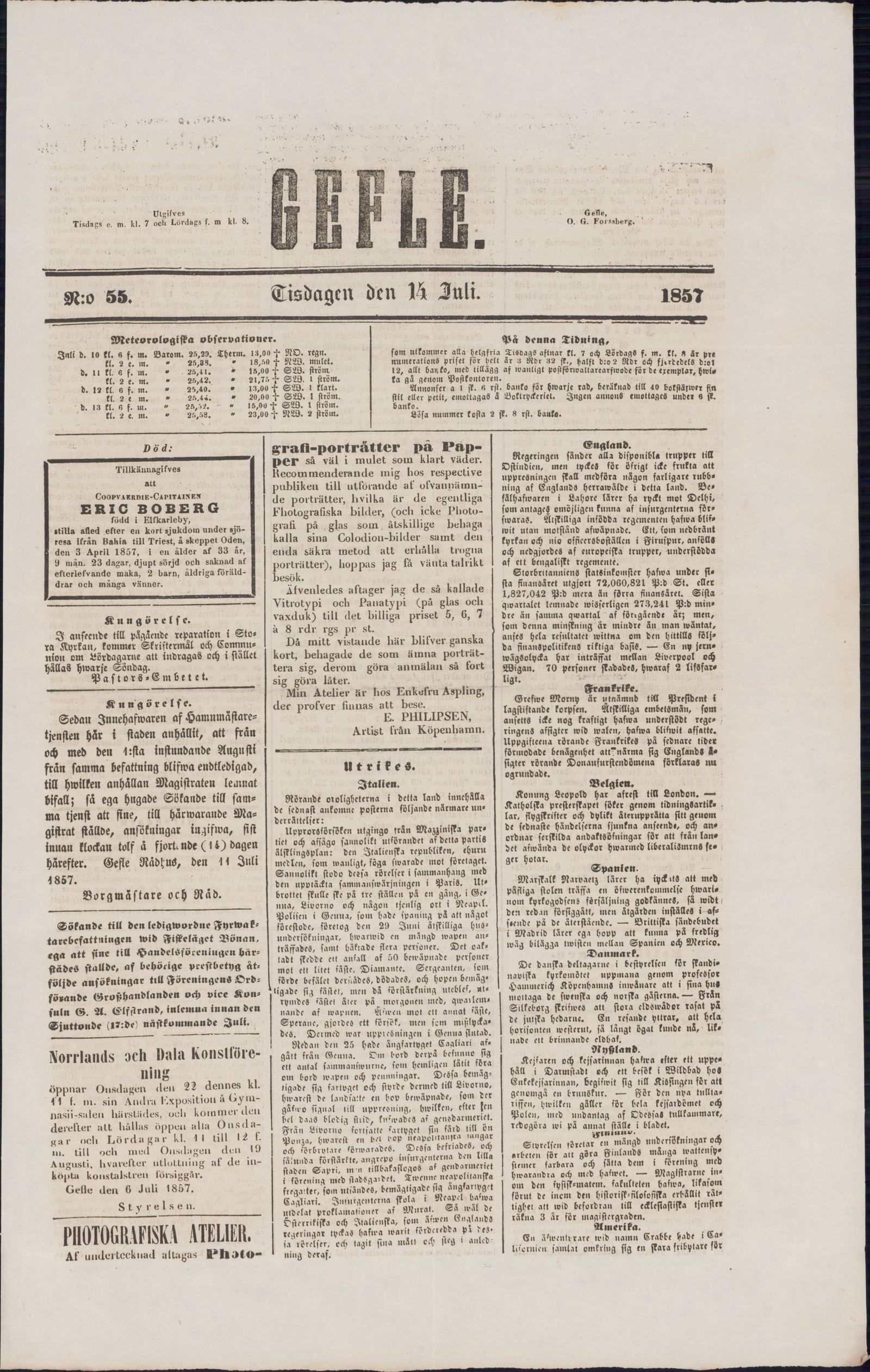 Tidningssida ur GEFLEBORGS LÄNS TIDNING, 1857-07-14