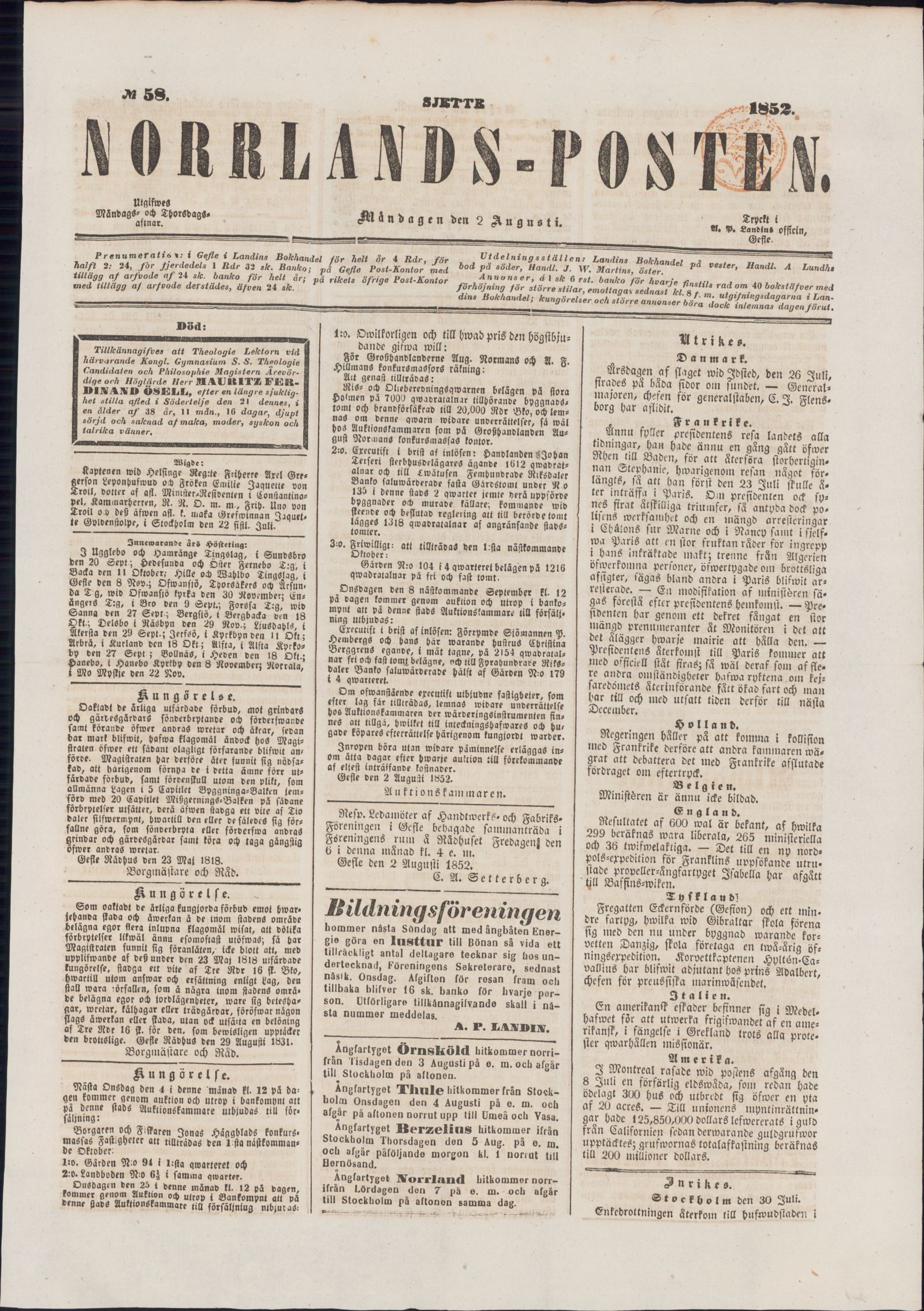 Tidningssida ur NORRLANDSPOSTEN, 1852-08-02