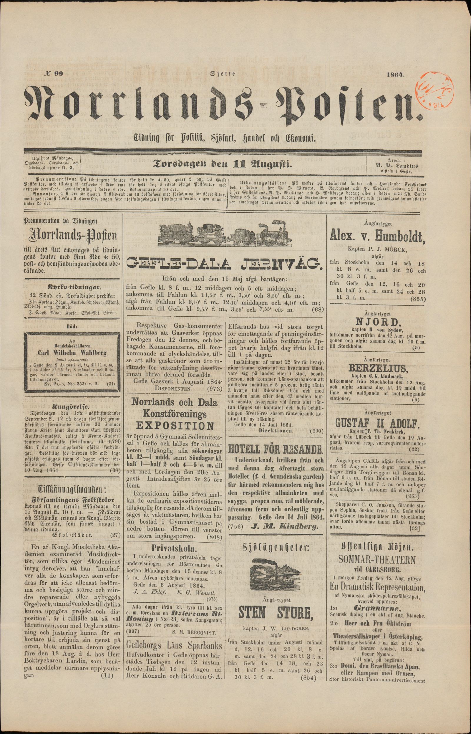 Tidningssida ur NORRLANDSPOSTEN, 1864-08-11