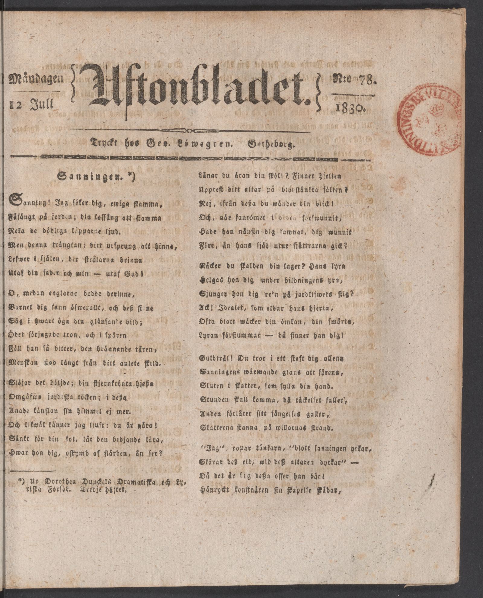 Tidningssida ur AFTONBLADET, 1830-07-12