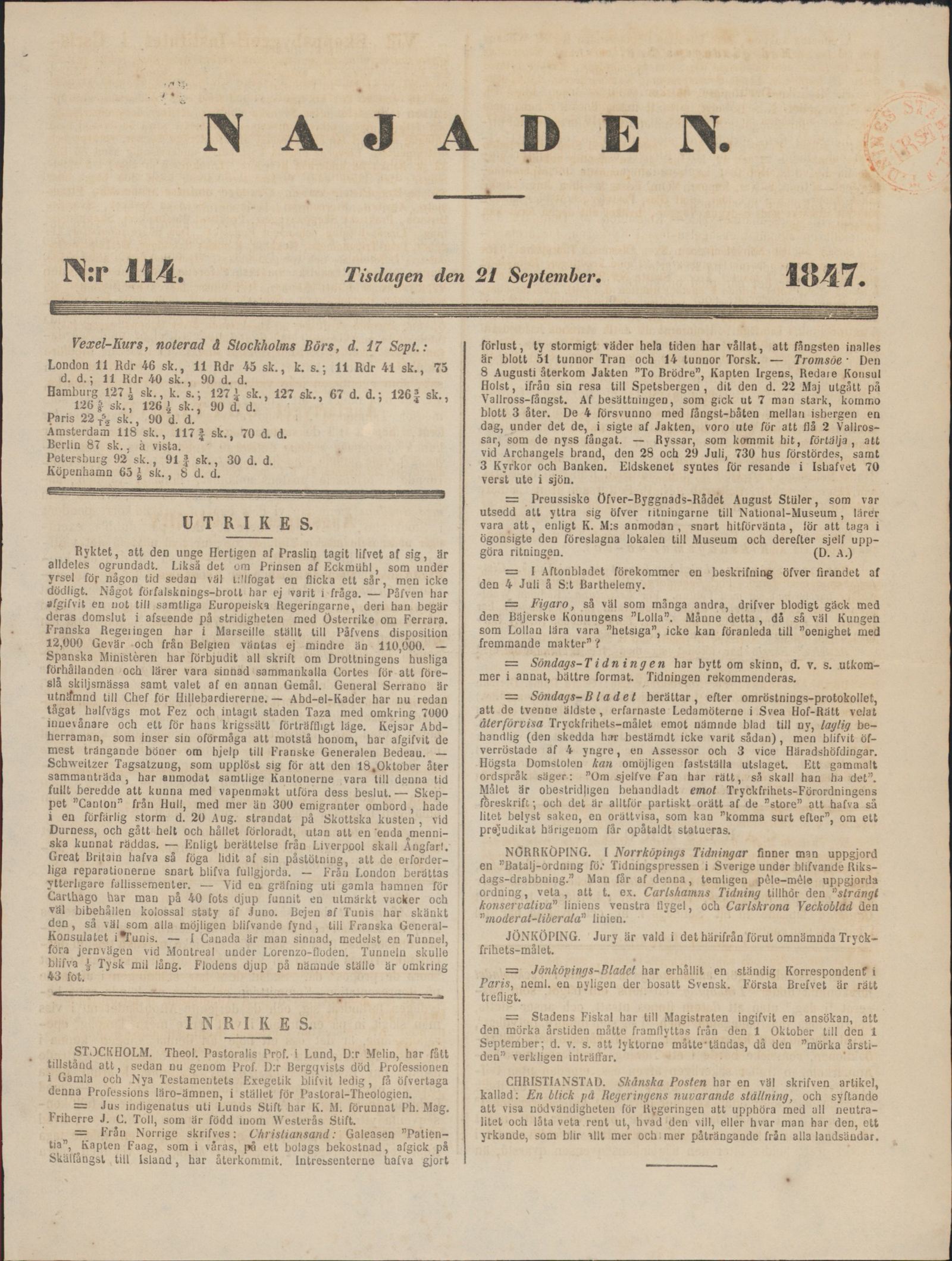 Tidningssida ur NAJADEN, 1847-09-21