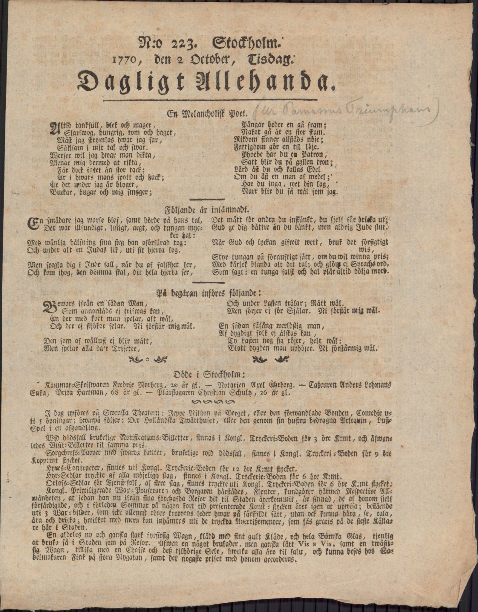 Tidningssida ur DAGLIGT ALLEHANDA, 1770-10-02