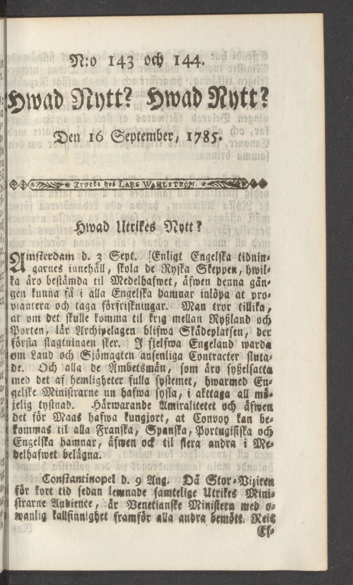 Tidningssida ur HWAD NYTT?, 1785-09-16
