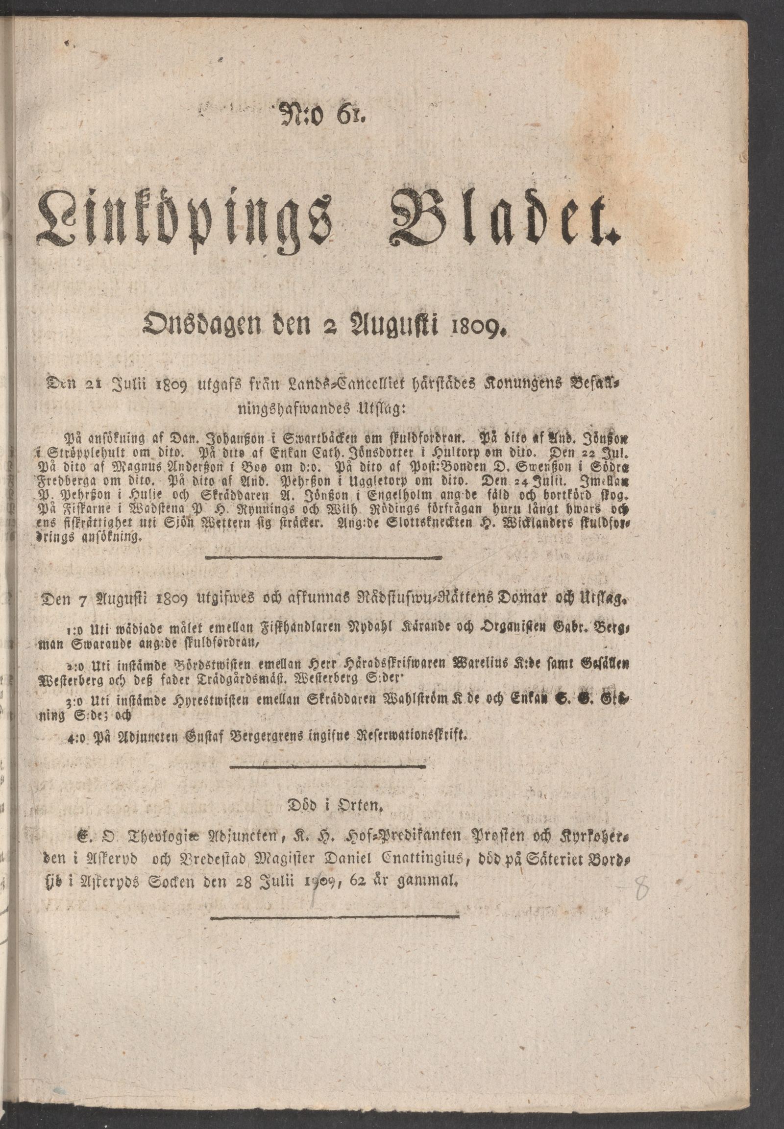 Tidningssida ur LINKÖPINGSBLADET, 1809-08-02