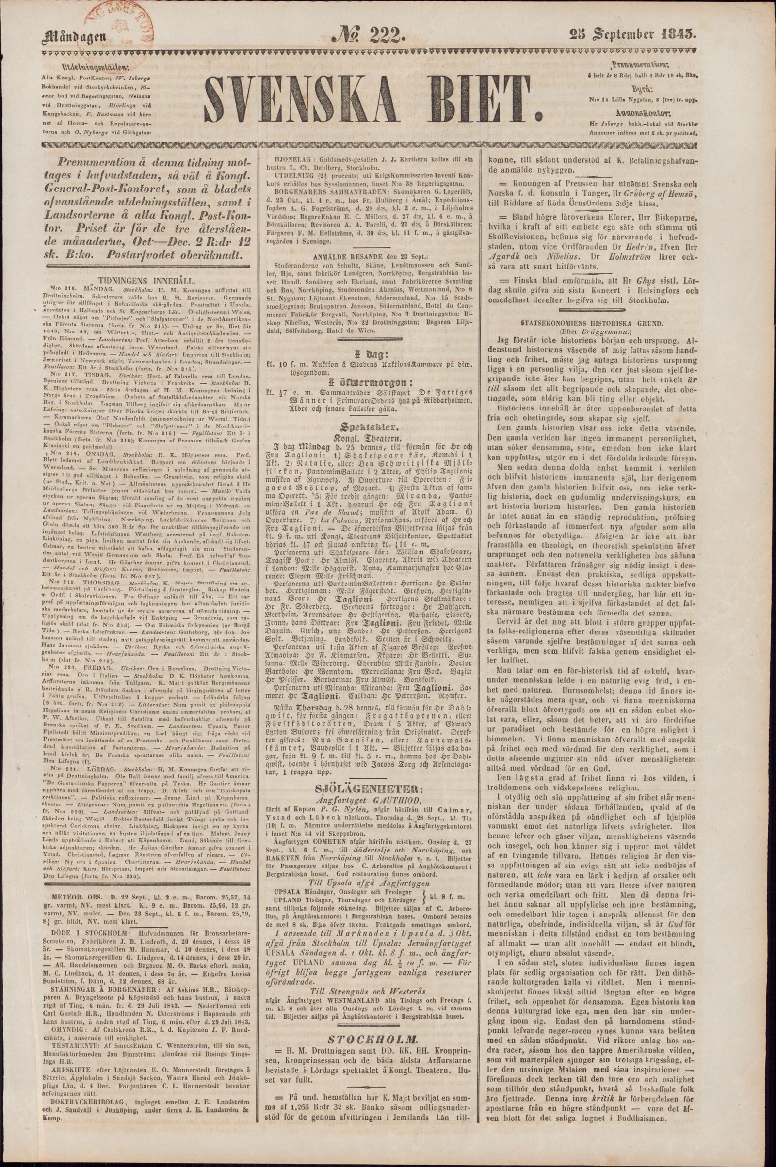 Tidningssida ur SVENSKA BIET, 1843-09-25