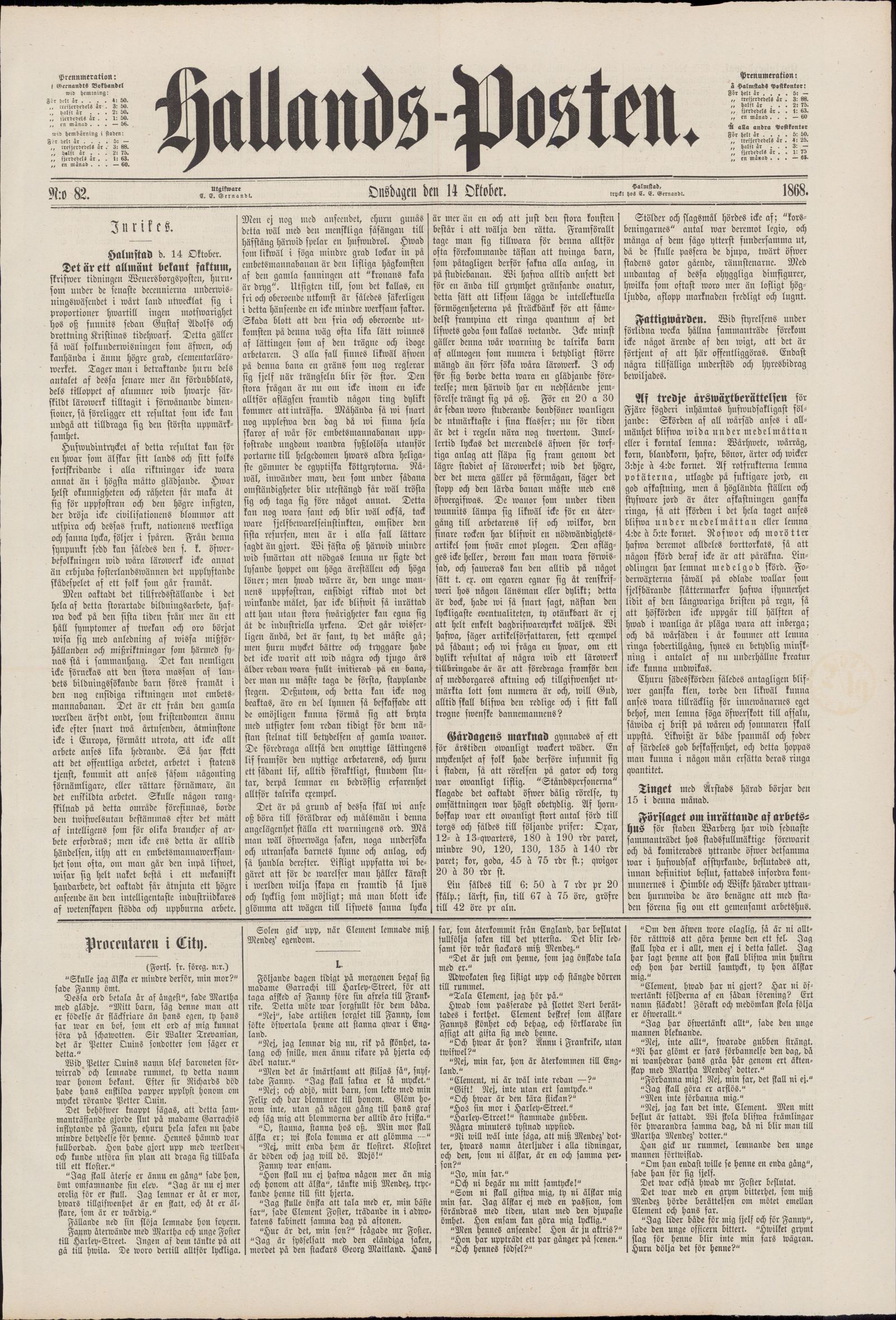 Tidningssida ur HALLANDSPOSTEN, 1868-10-14