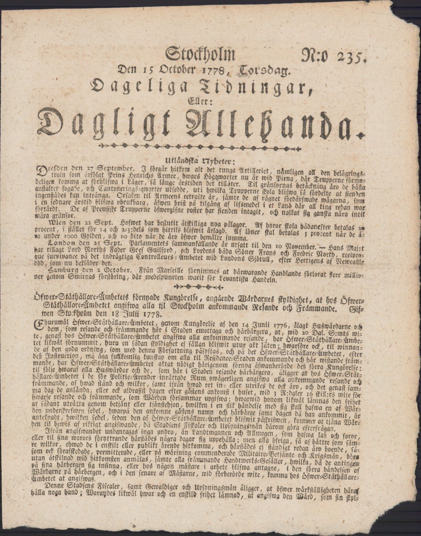 Tidningssida ur DAGLIGT ALLEHANDA, 1778-10-15