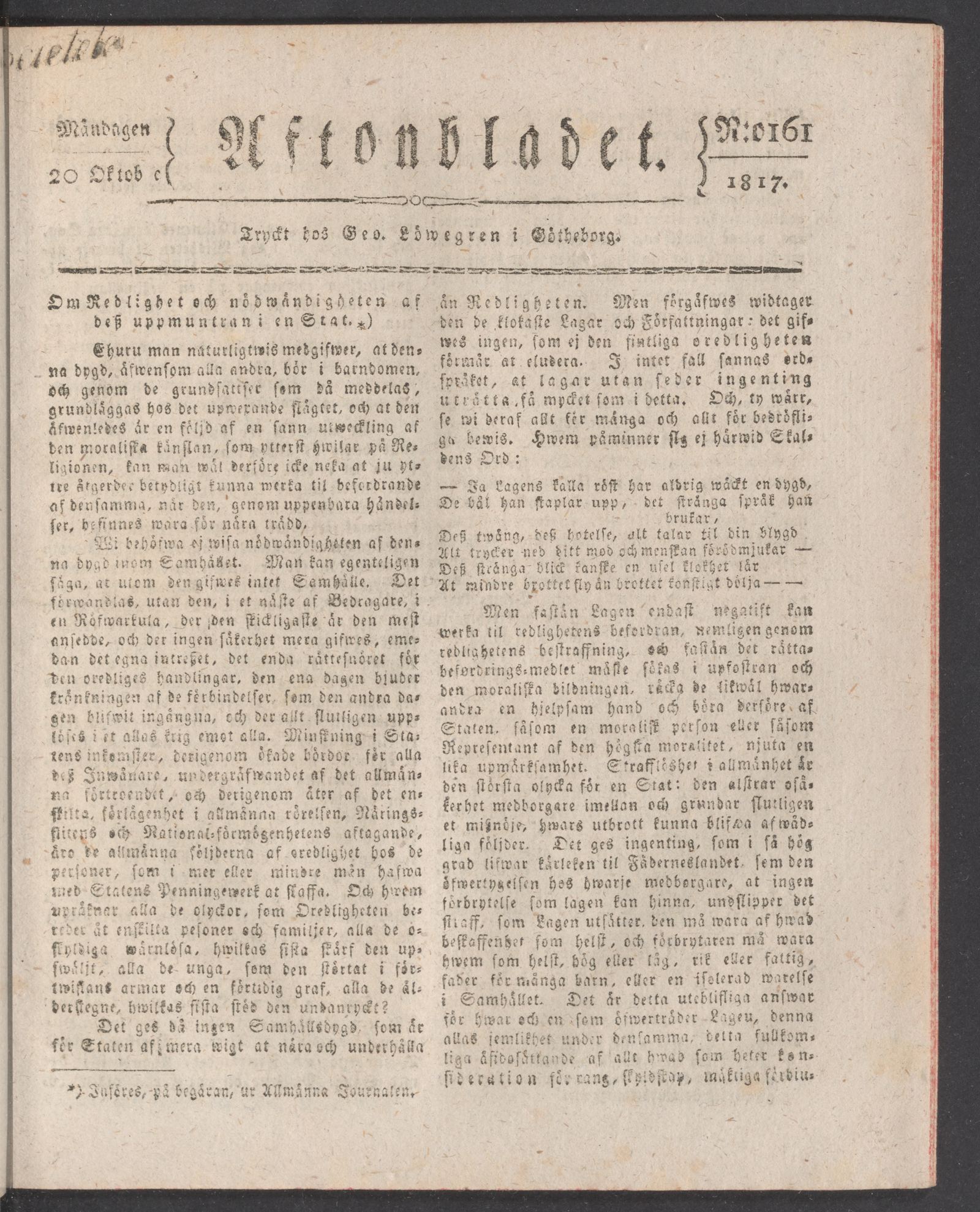Tidningssida ur AFTONBLADET, 1817-10-20