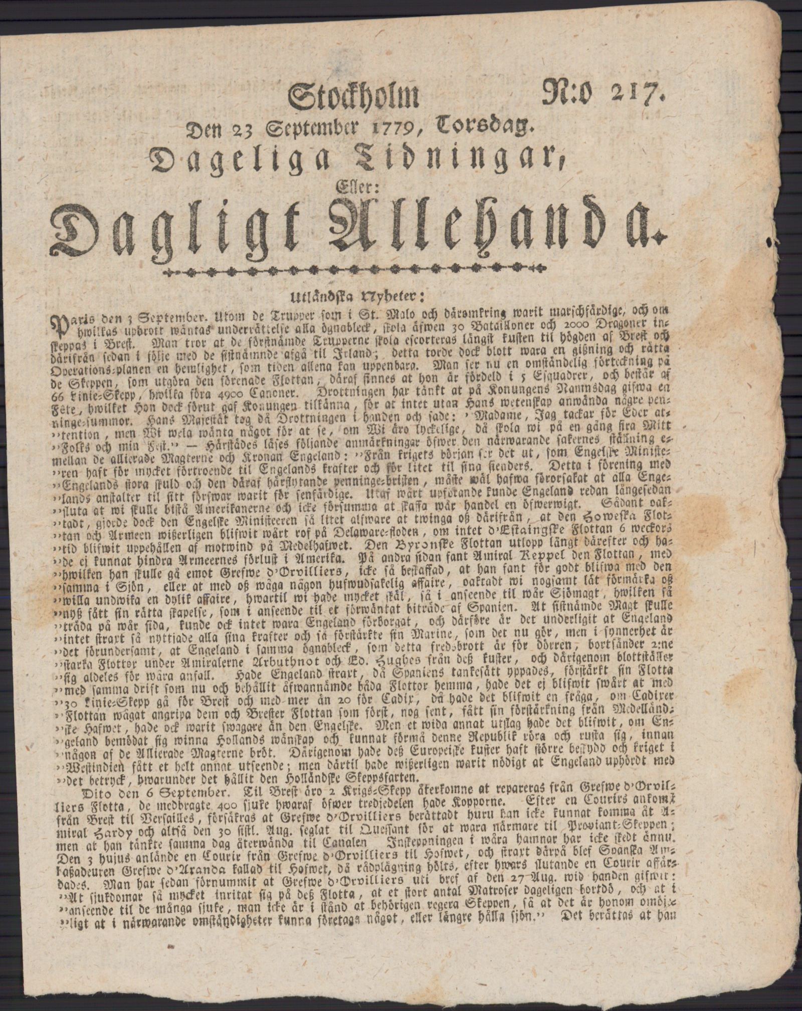 Tidningssida ur DAGLIGT ALLEHANDA, 1779-09-23