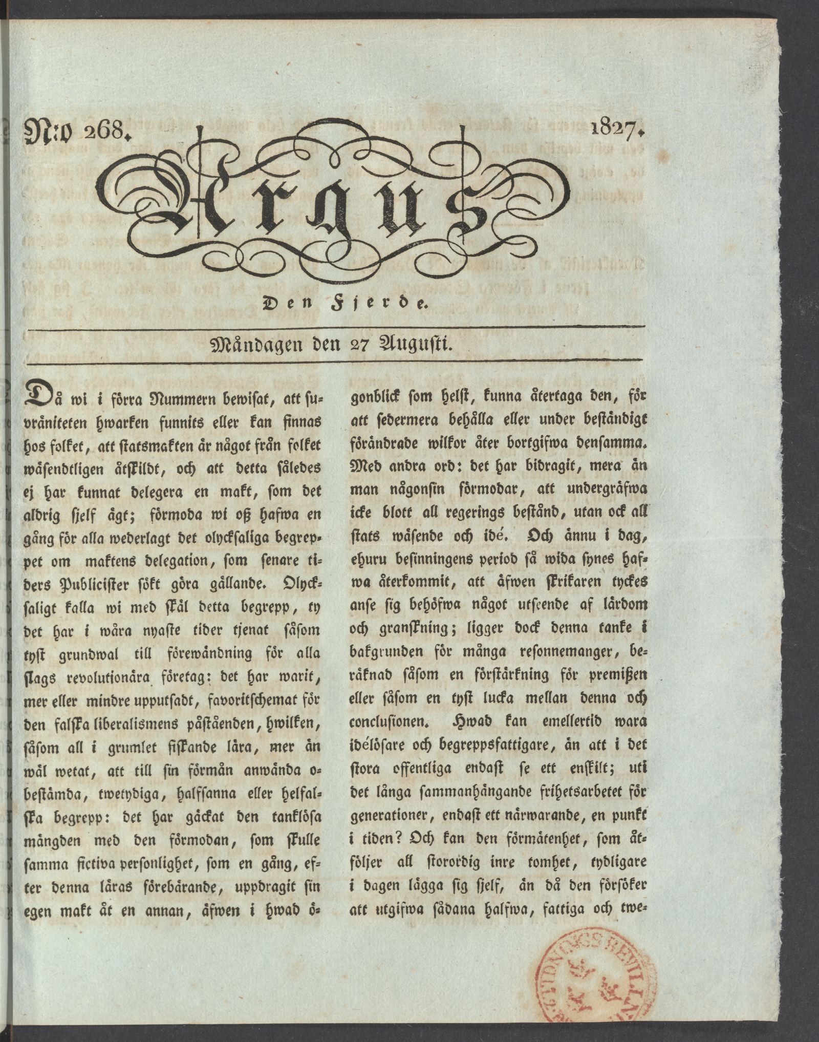 Tidningssida ur ARGUS DEN IV, 1827-08-27