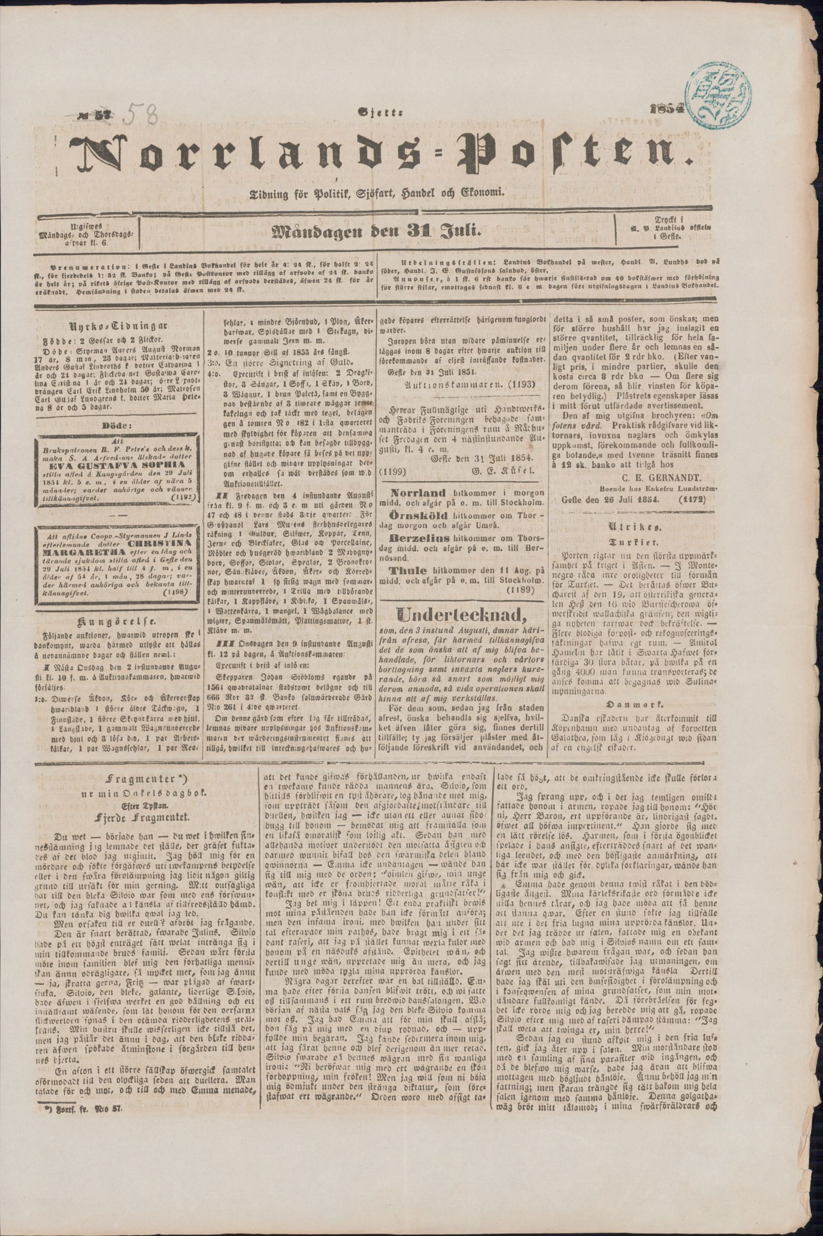 Tidningssida ur NORRLANDSPOSTEN, 1854-07-31