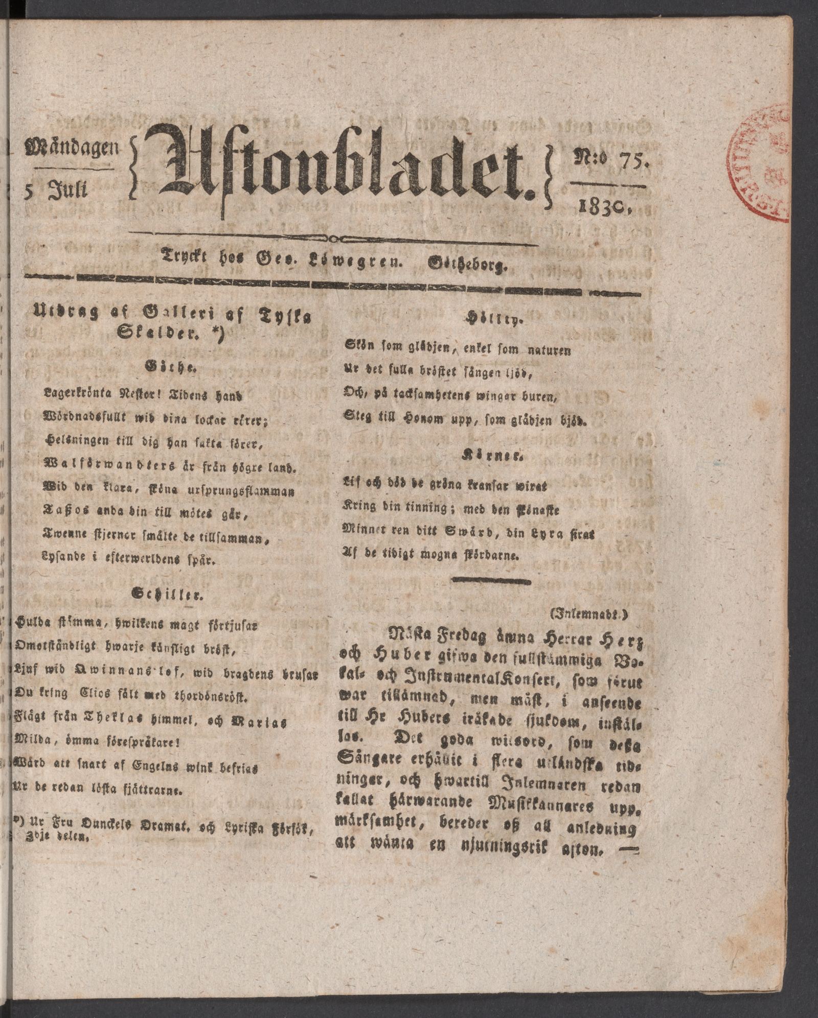 Tidningssida ur AFTONBLADET, 1830-07-05