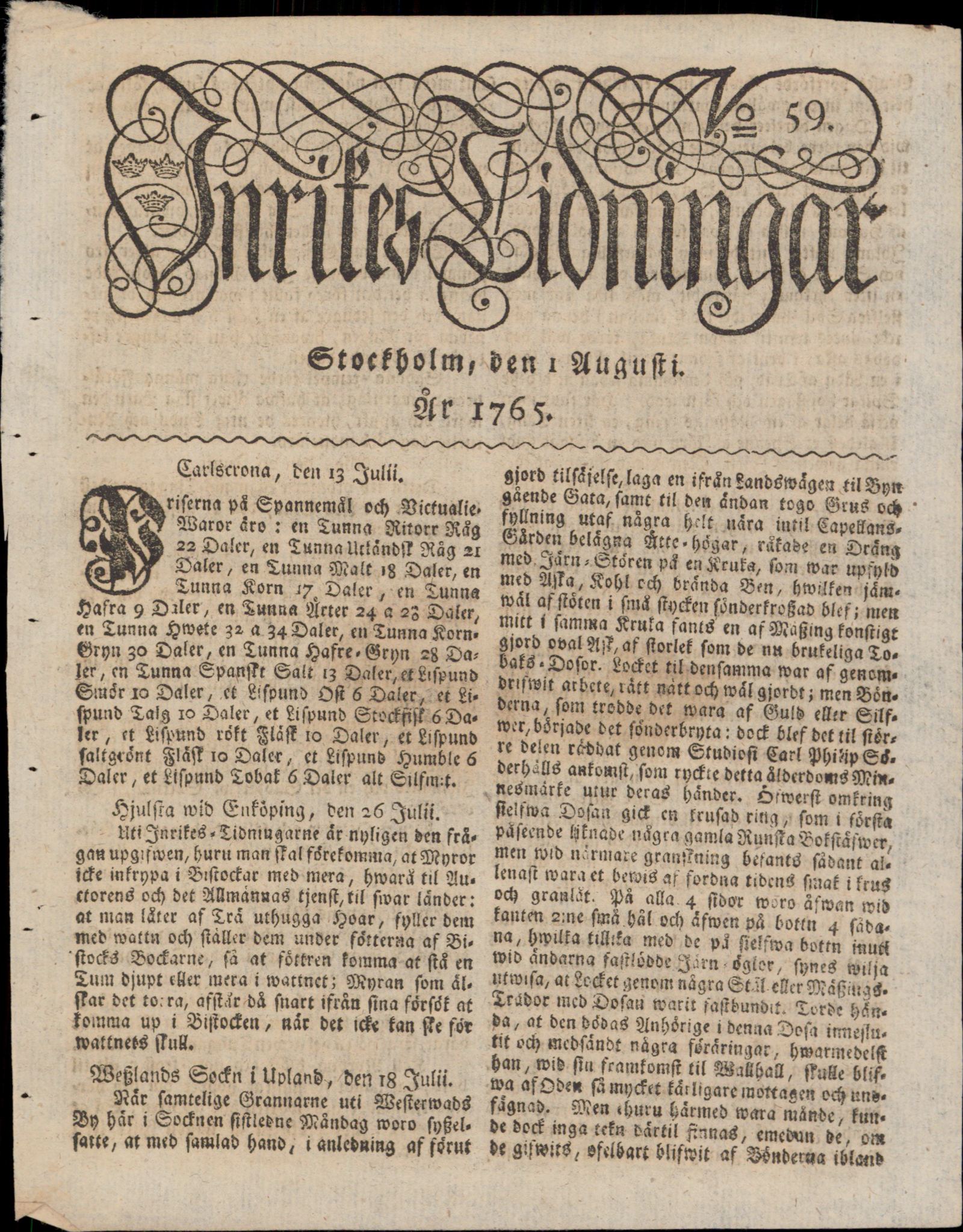 Tidningssida ur POSTTIDNINGAR, 1765-08-01