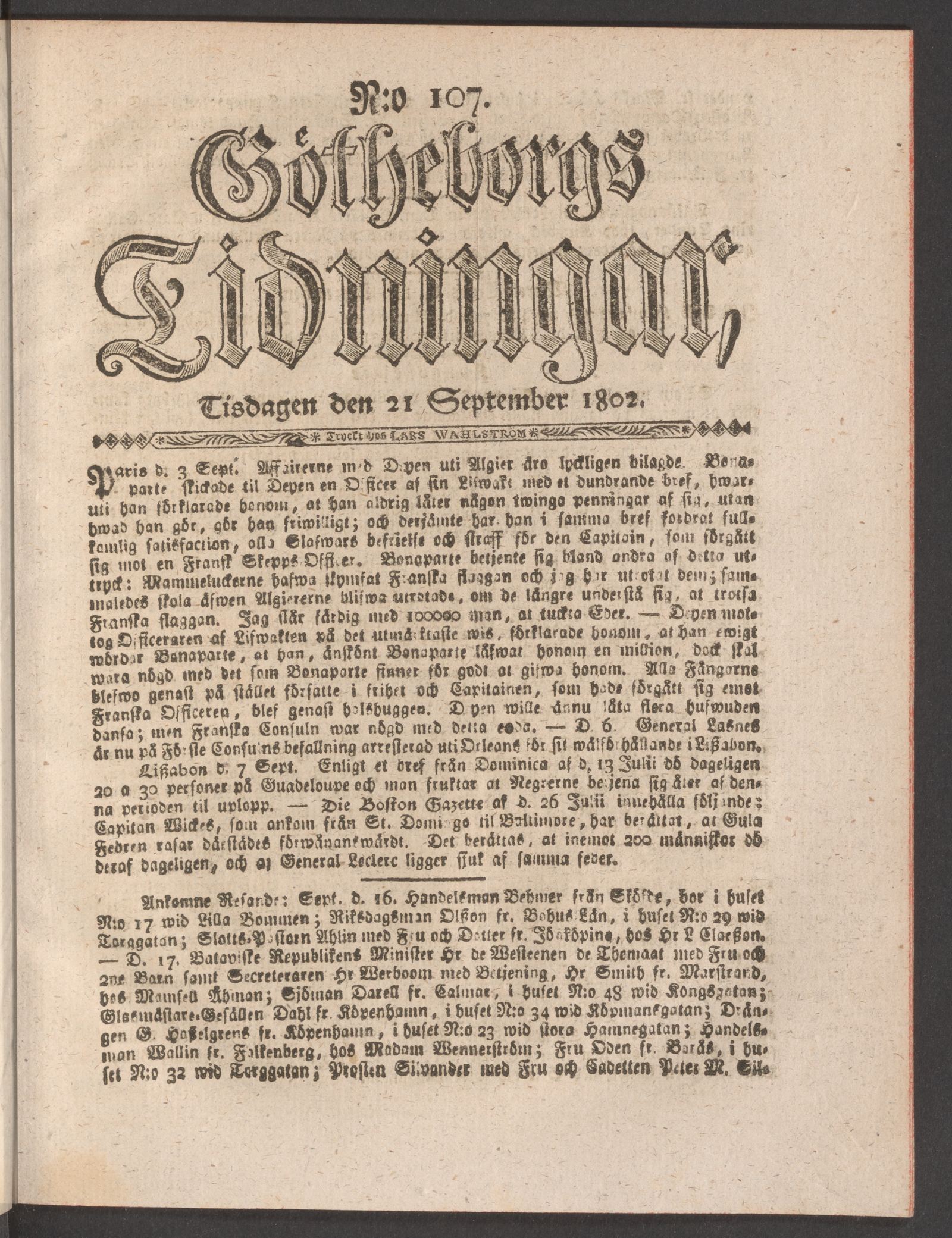 Tidningssida ur GÖTHEBORGS TIDNINGAR, 1802-09-21