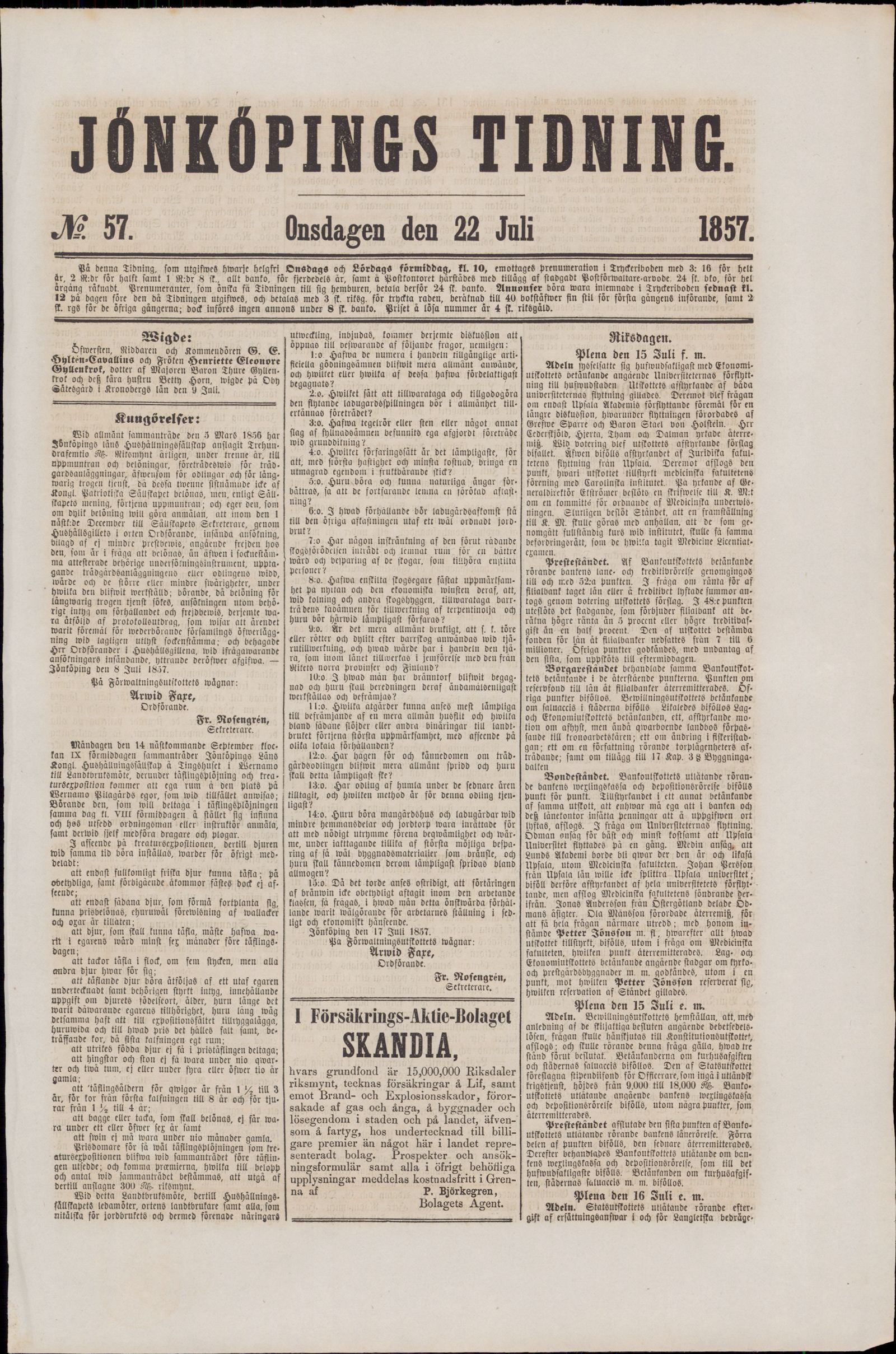 Tidningssida ur JÖNKÖPINGS TIDNING, 1857-07-22