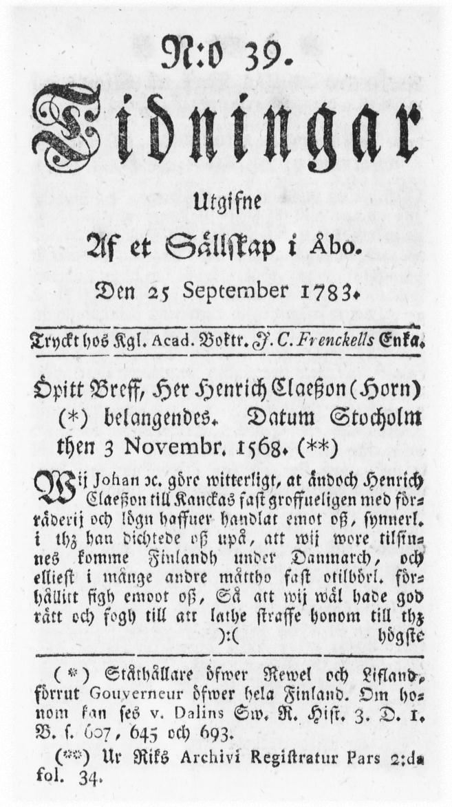 Tidningssida ur TIDNINGAR UTGIFNE AF ET SÄLLSKAP I ÅBO, 1783-09-25