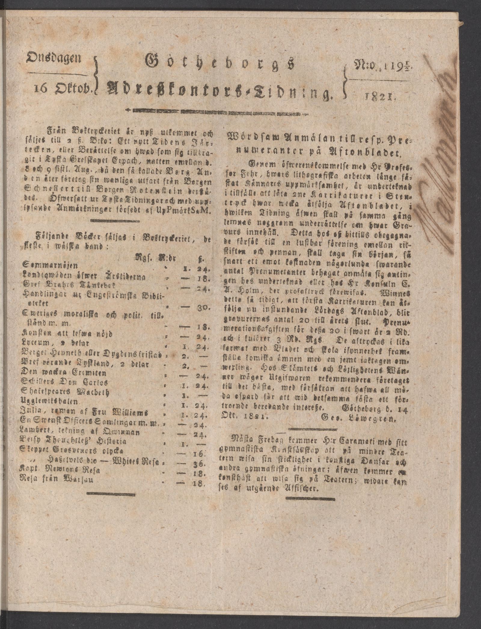 Tidningssida ur AFTONBLADET, 1821-10-17