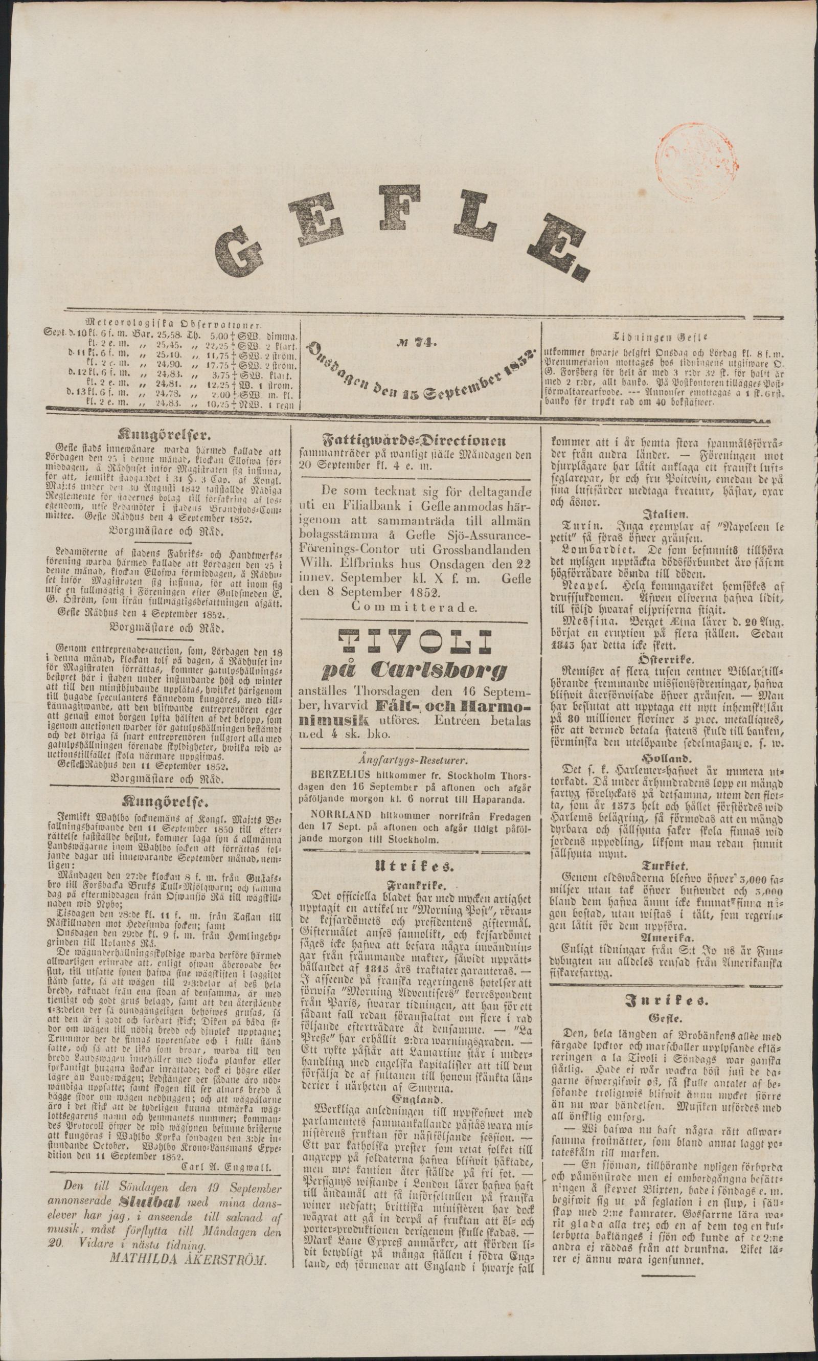 Tidningssida ur GEFLEBORGS LÄNS TIDNING, 1852-09-15
