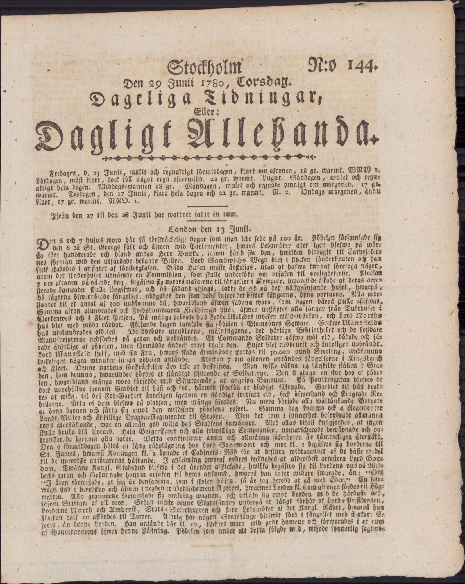 Tidningssida ur DAGLIGT ALLEHANDA, 1780-06-29
