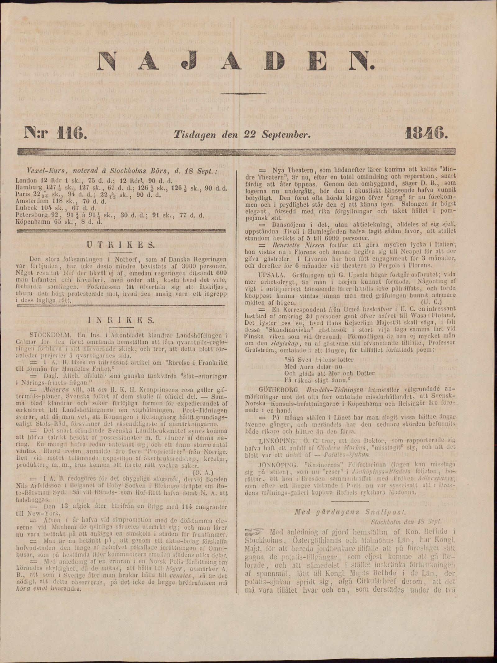 Tidningssida ur NAJADEN, 1846-09-22