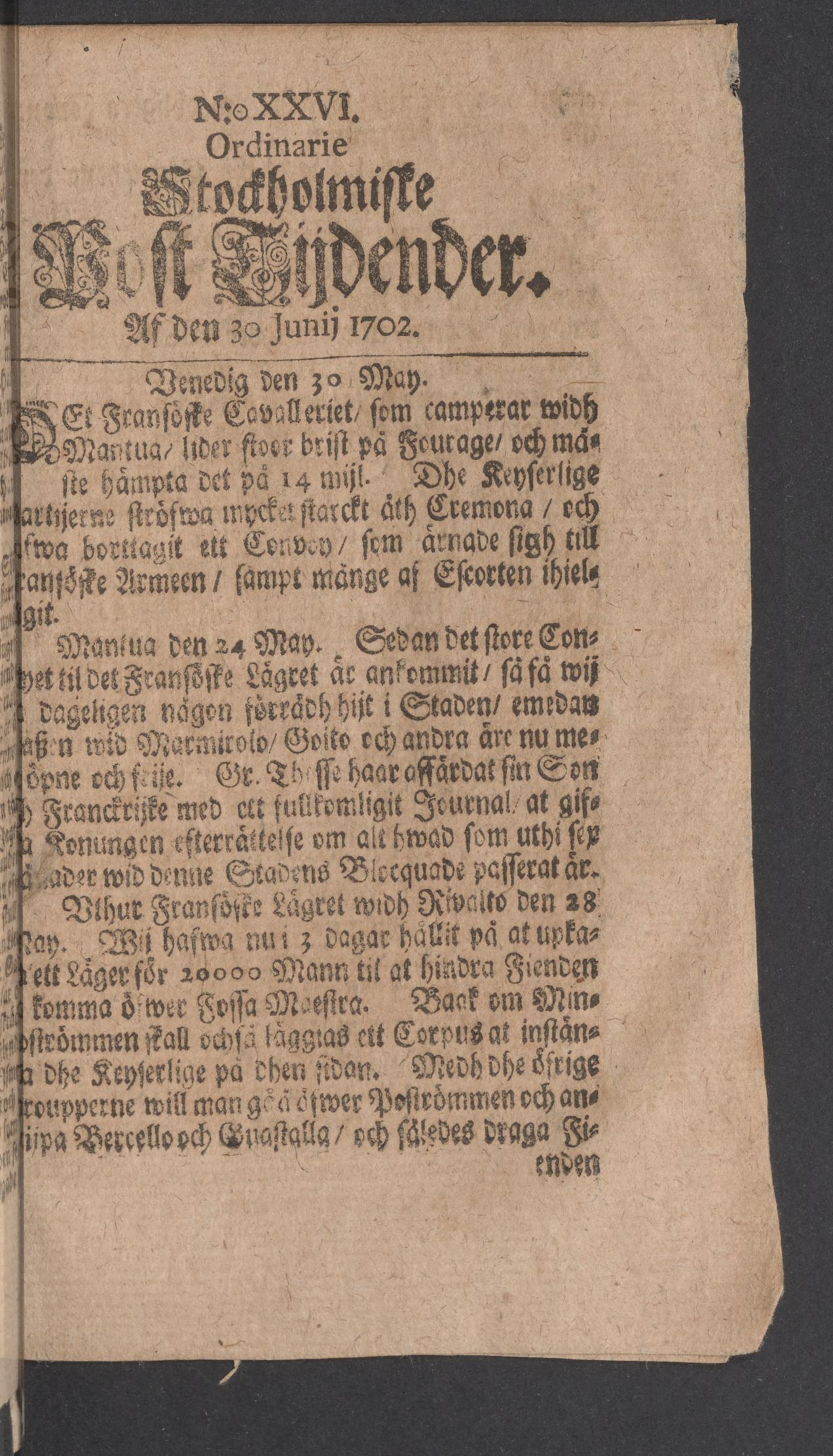 Tidningssida ur POSTTIDNINGAR, 1702-06-30