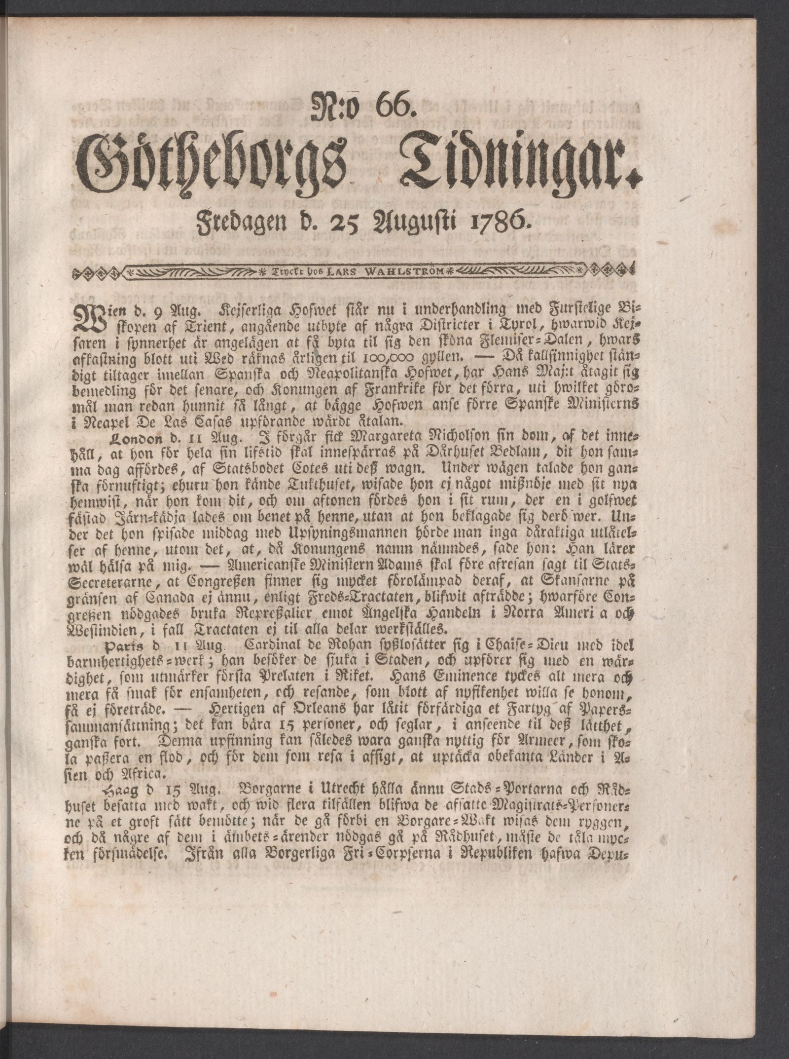 Tidningssida ur GÖTHEBORGS TIDNINGAR, 1786-08-25