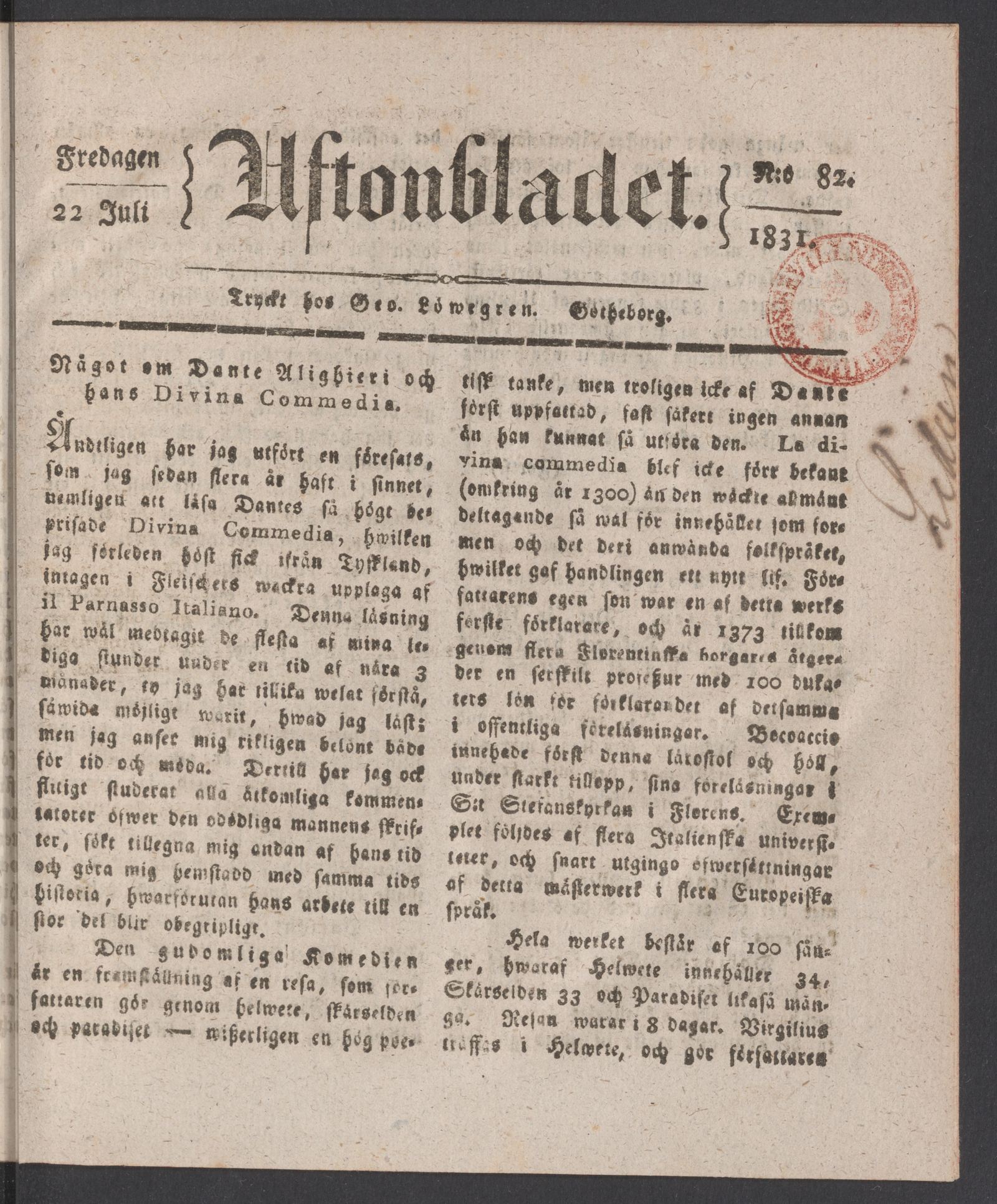 Tidningssida ur AFTONBLADET, 1831-07-22
