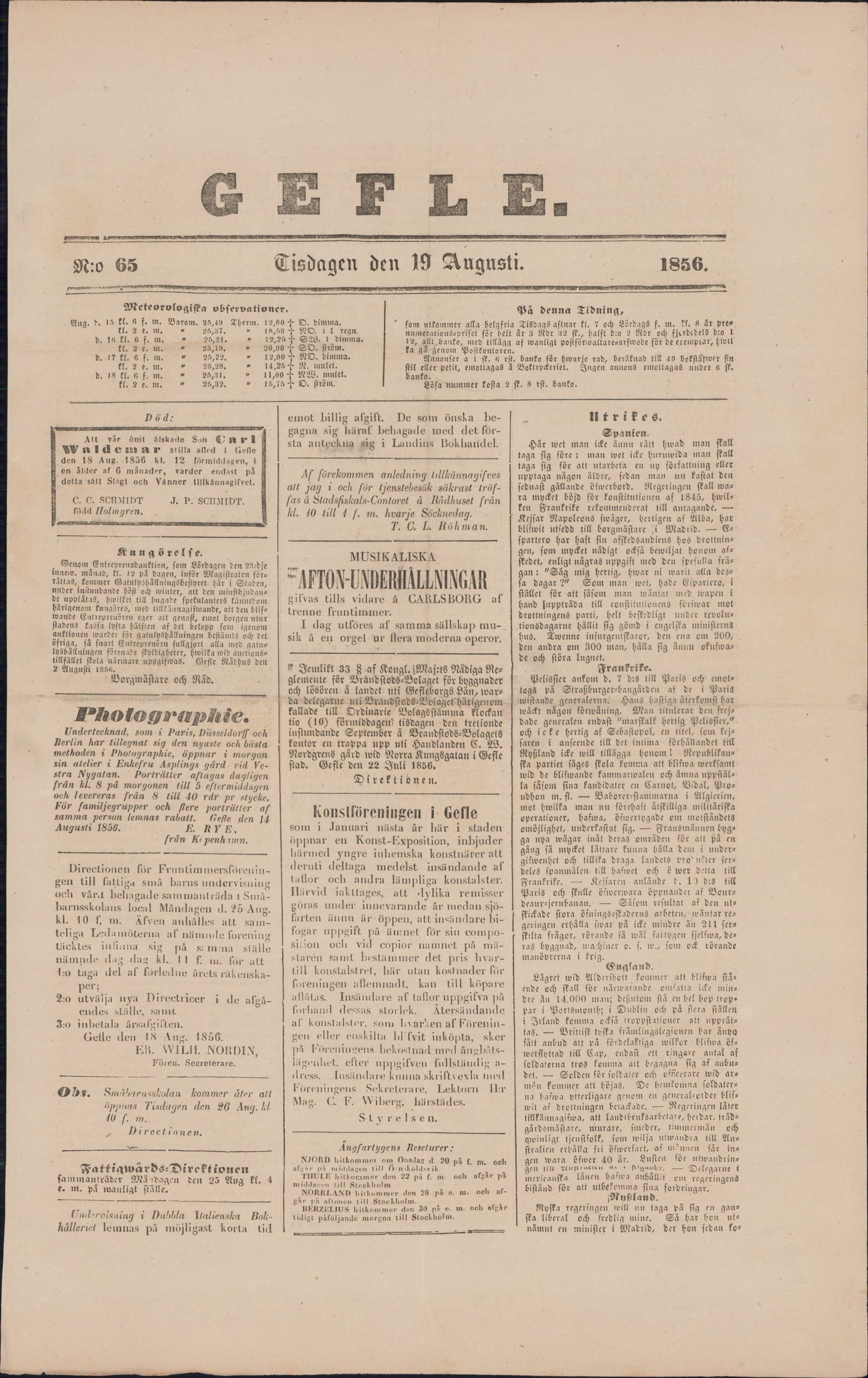 Tidningssida ur GEFLEBORGS LÄNS TIDNING, 1856-08-19