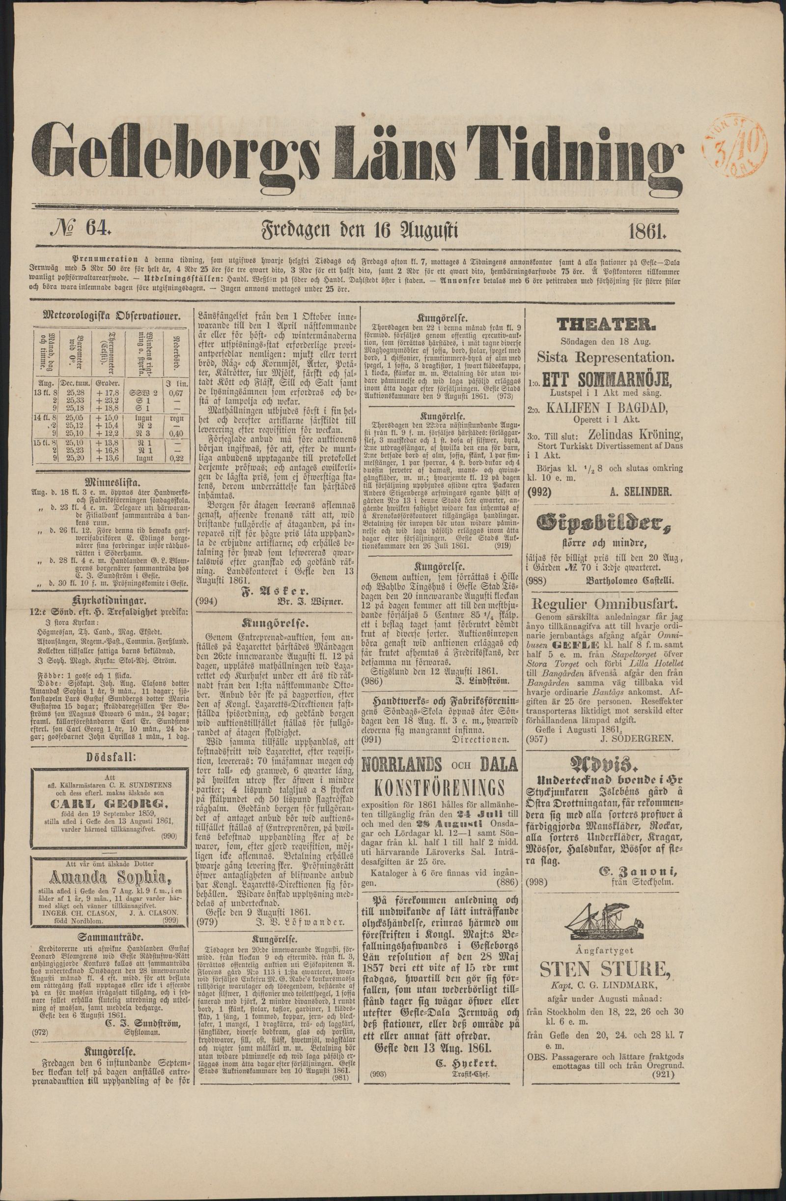 Tidningssida ur GEFLEBORGS LÄNS TIDNING, 1861-08-16