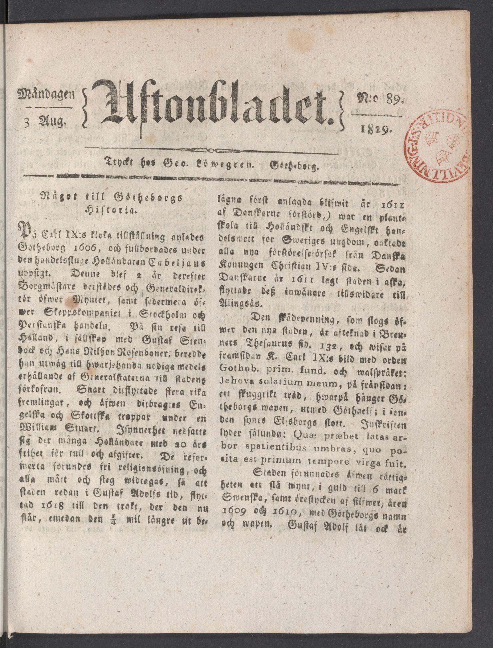 Tidningssida ur AFTONBLADET, 1829-08-03