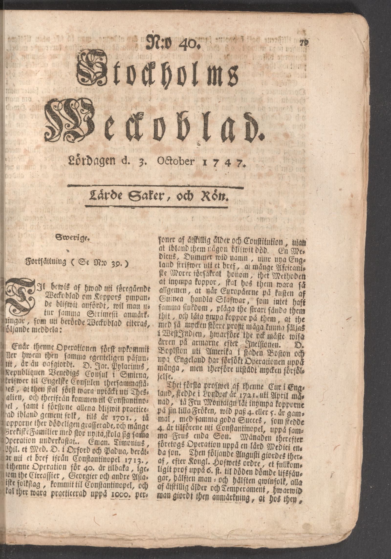 Tidningssida ur STOCKHOLMS WECKOBLAD, 1747-10-03