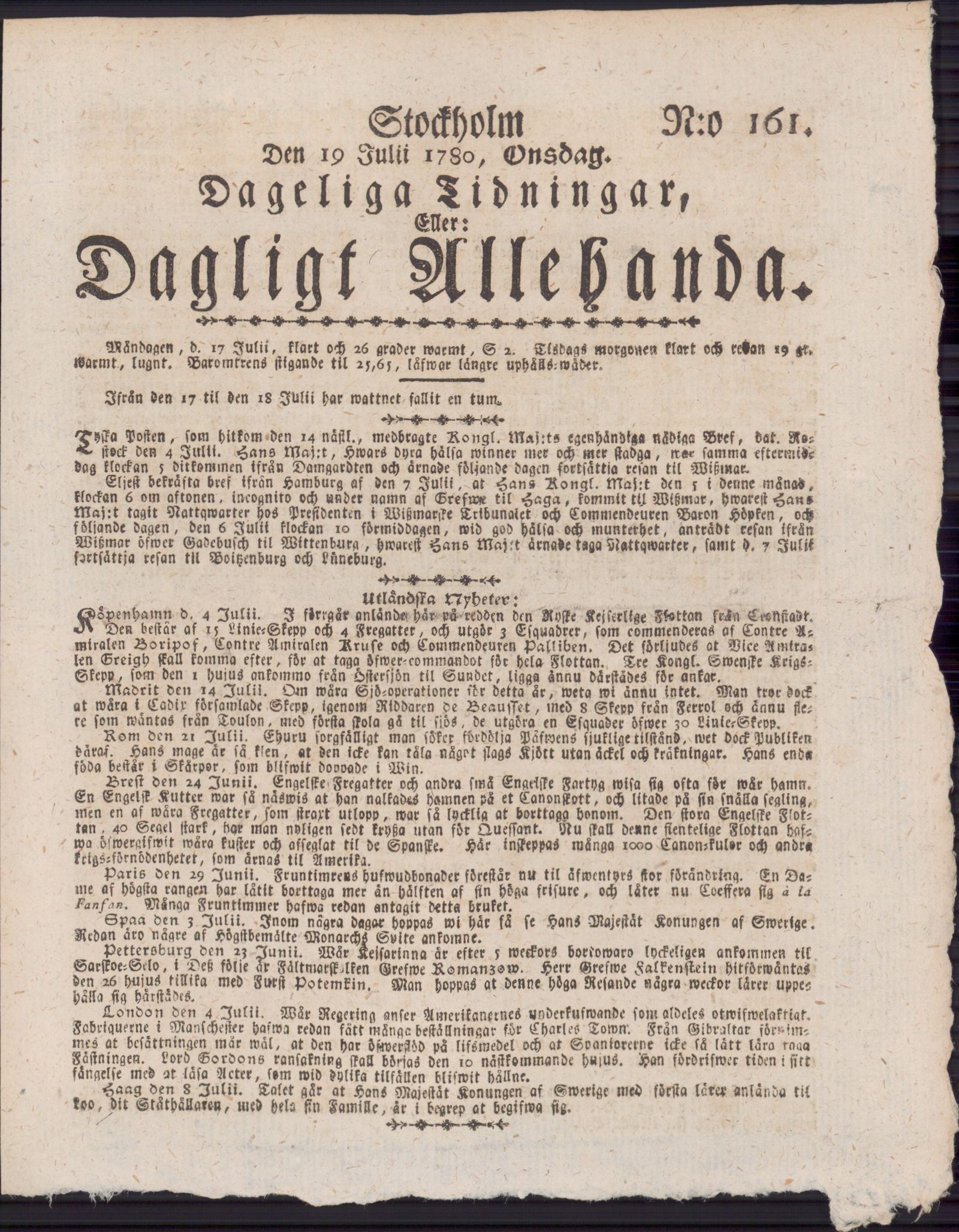 Tidningssida ur DAGLIGT ALLEHANDA, 1780-07-19