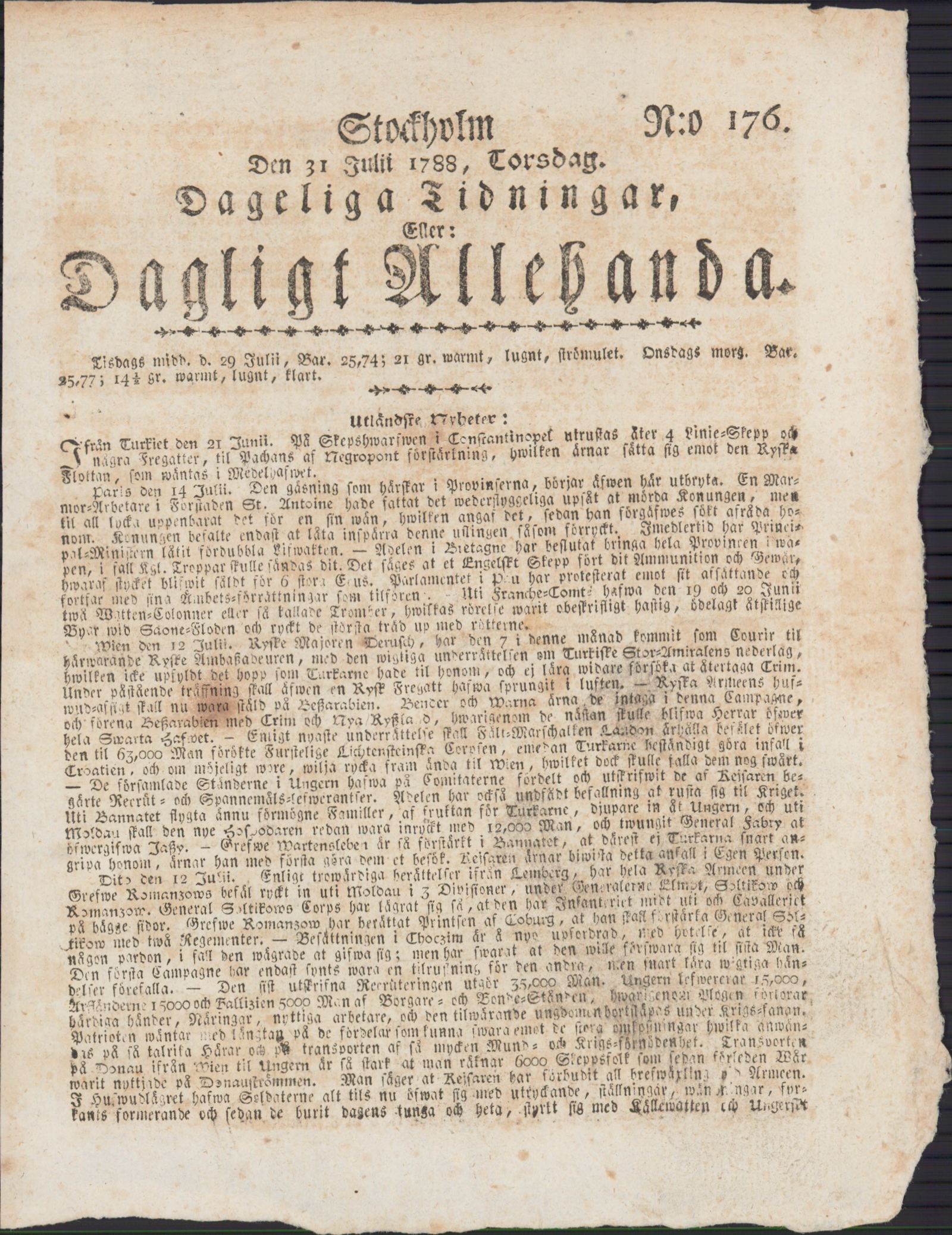 Tidningssida ur DAGLIGT ALLEHANDA, 1788-07-31