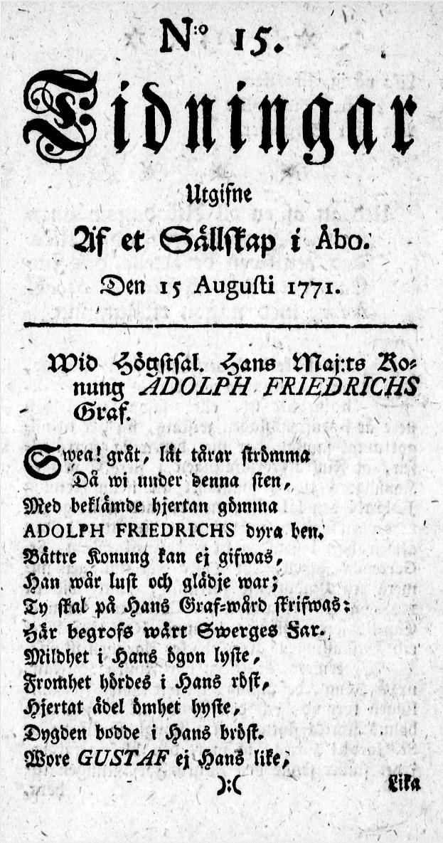 Tidningssida ur TIDNINGAR UTGIFNE AF ET SÄLLSKAP I ÅBO, 1771-08-15