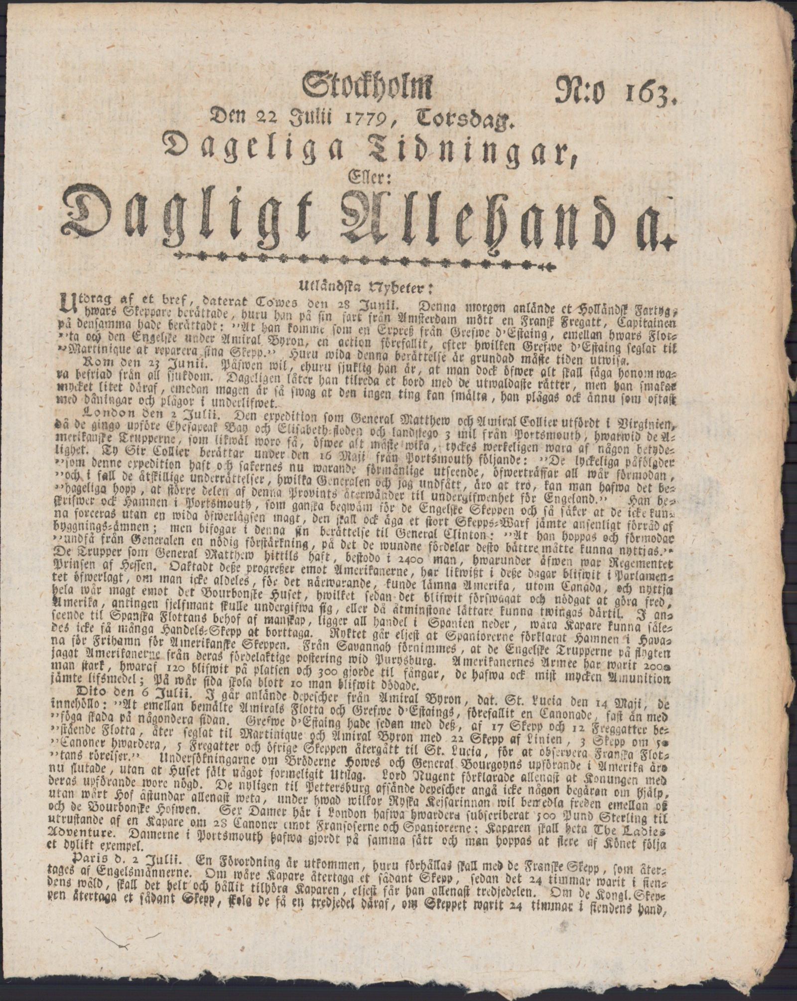 Tidningssida ur DAGLIGT ALLEHANDA, 1779-07-22
