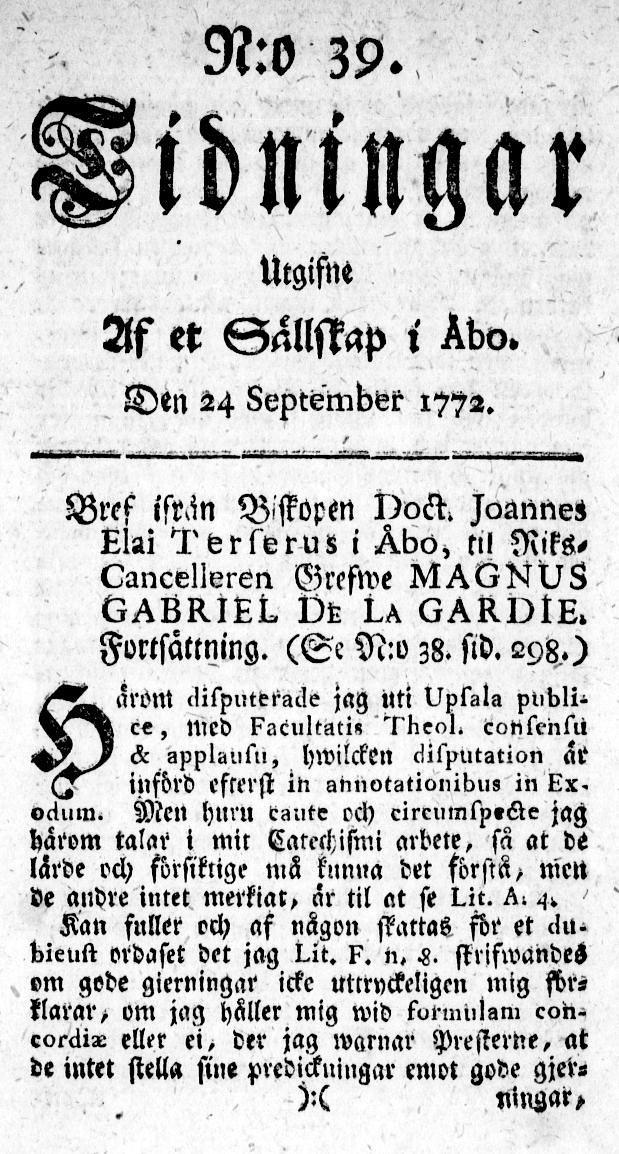 Tidningssida ur TIDNINGAR UTGIFNE AF ET SÄLLSKAP I ÅBO, 1772-09-24