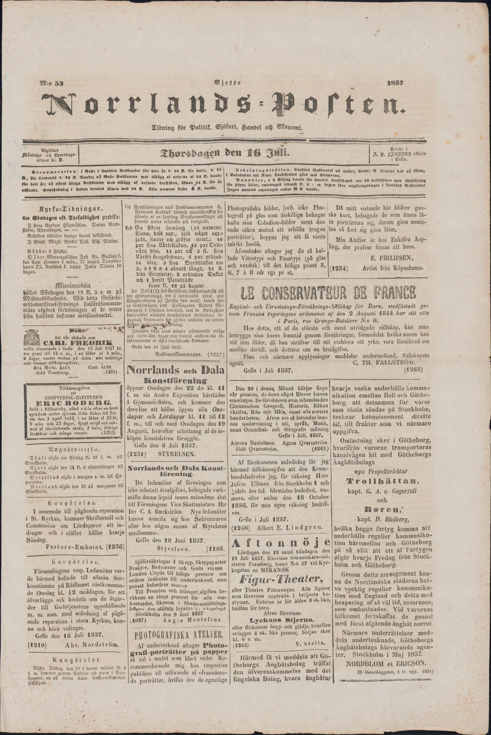 Tidningssida ur NORRLANDSPOSTEN, 1857-07-16