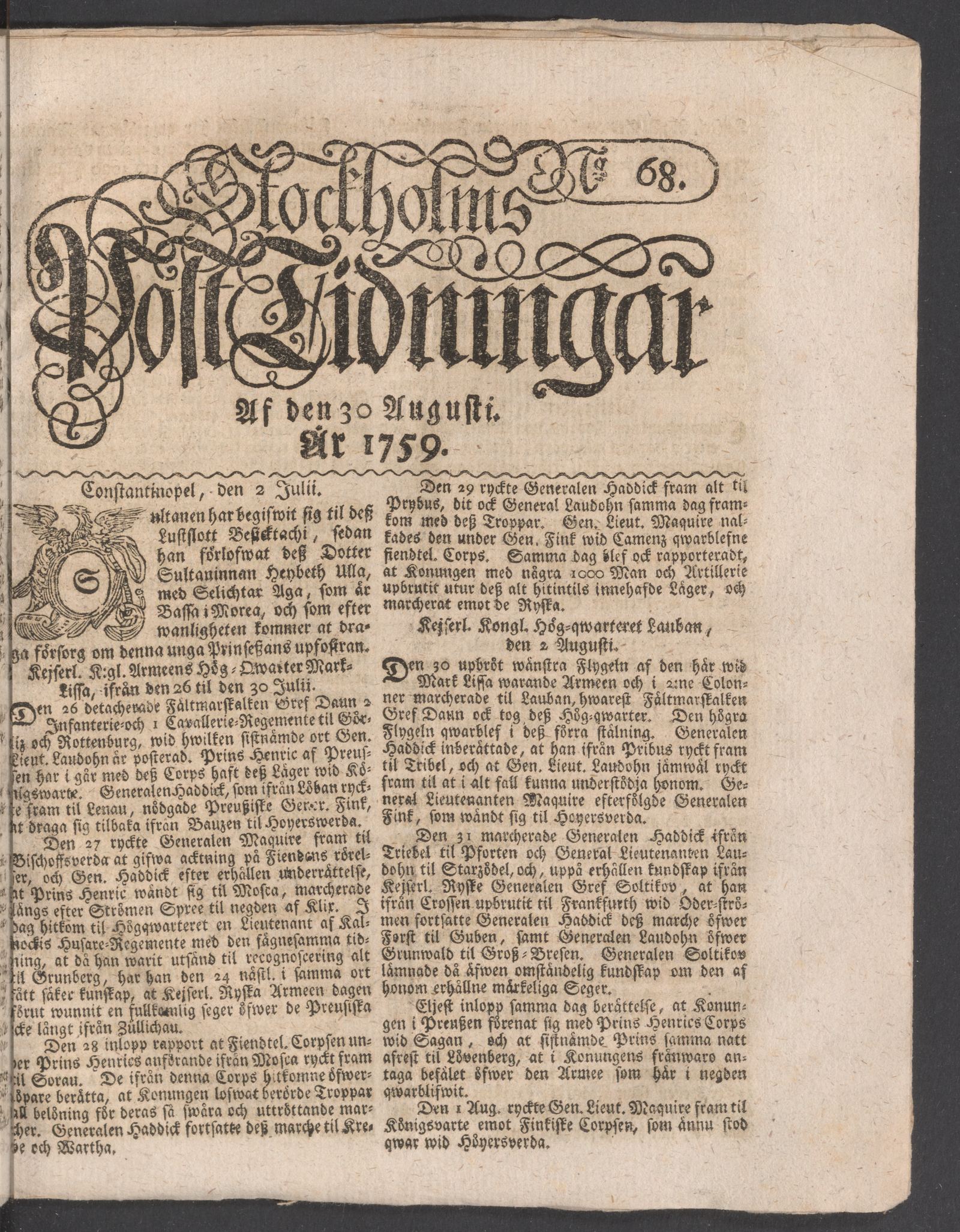 Tidningssida ur POSTTIDNINGAR, 1759-08-30