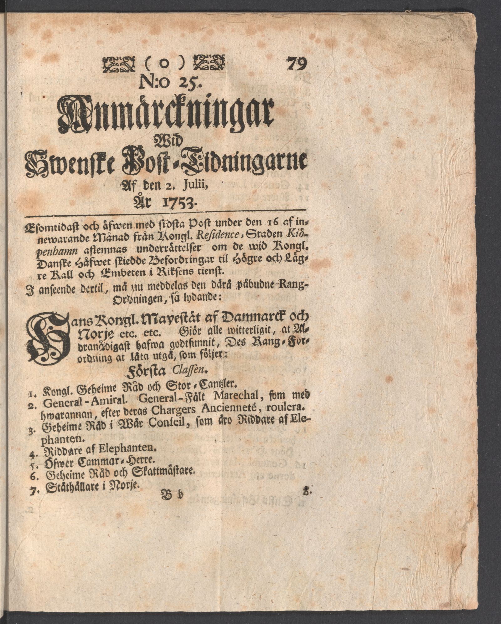 Tidningssida ur ANMÄRCKNINGAR WID SWENSKE POSTTIDNINGARNE, 1753-07-02