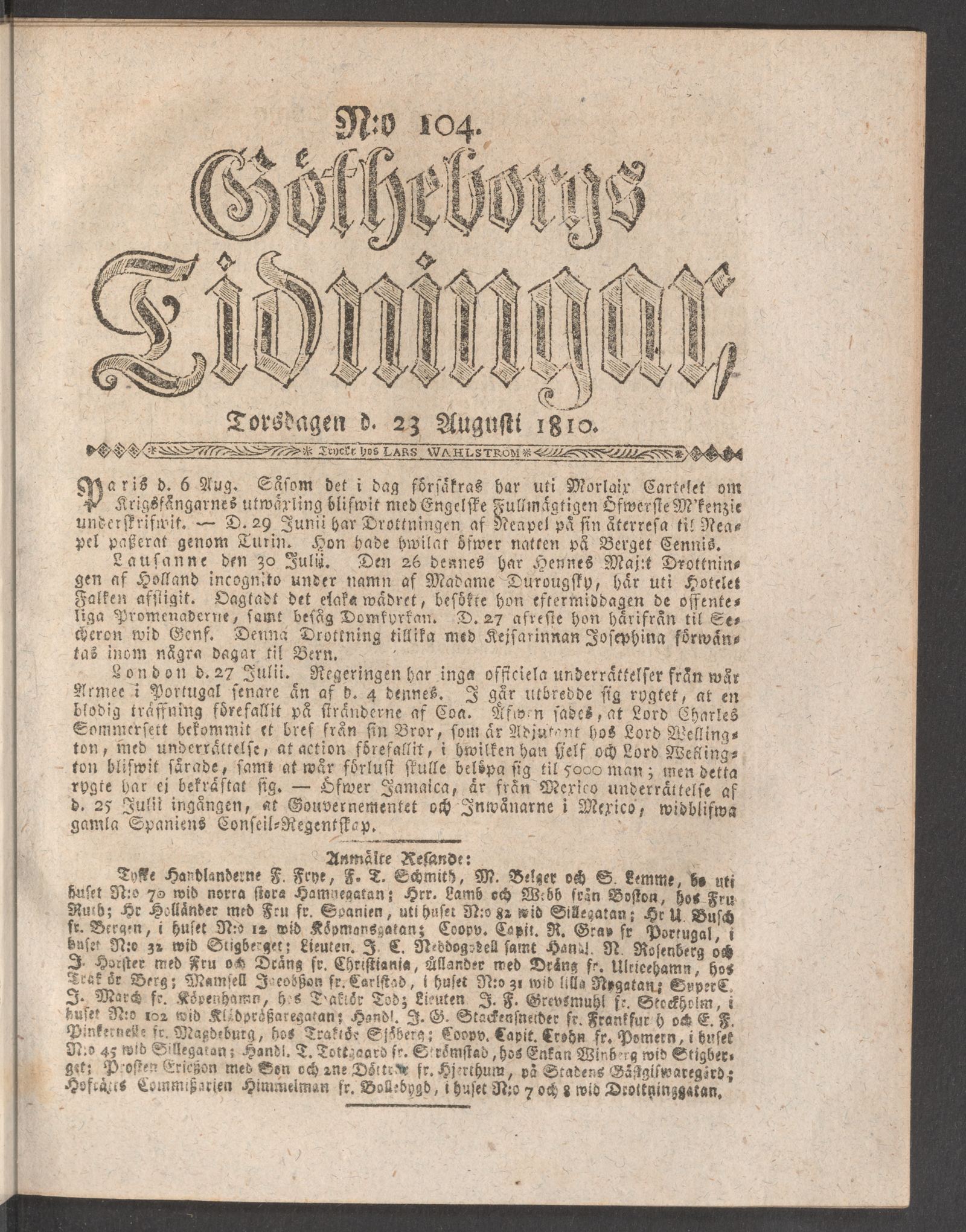 Tidningssida ur GÖTHEBORGS TIDNINGAR, 1810-08-23