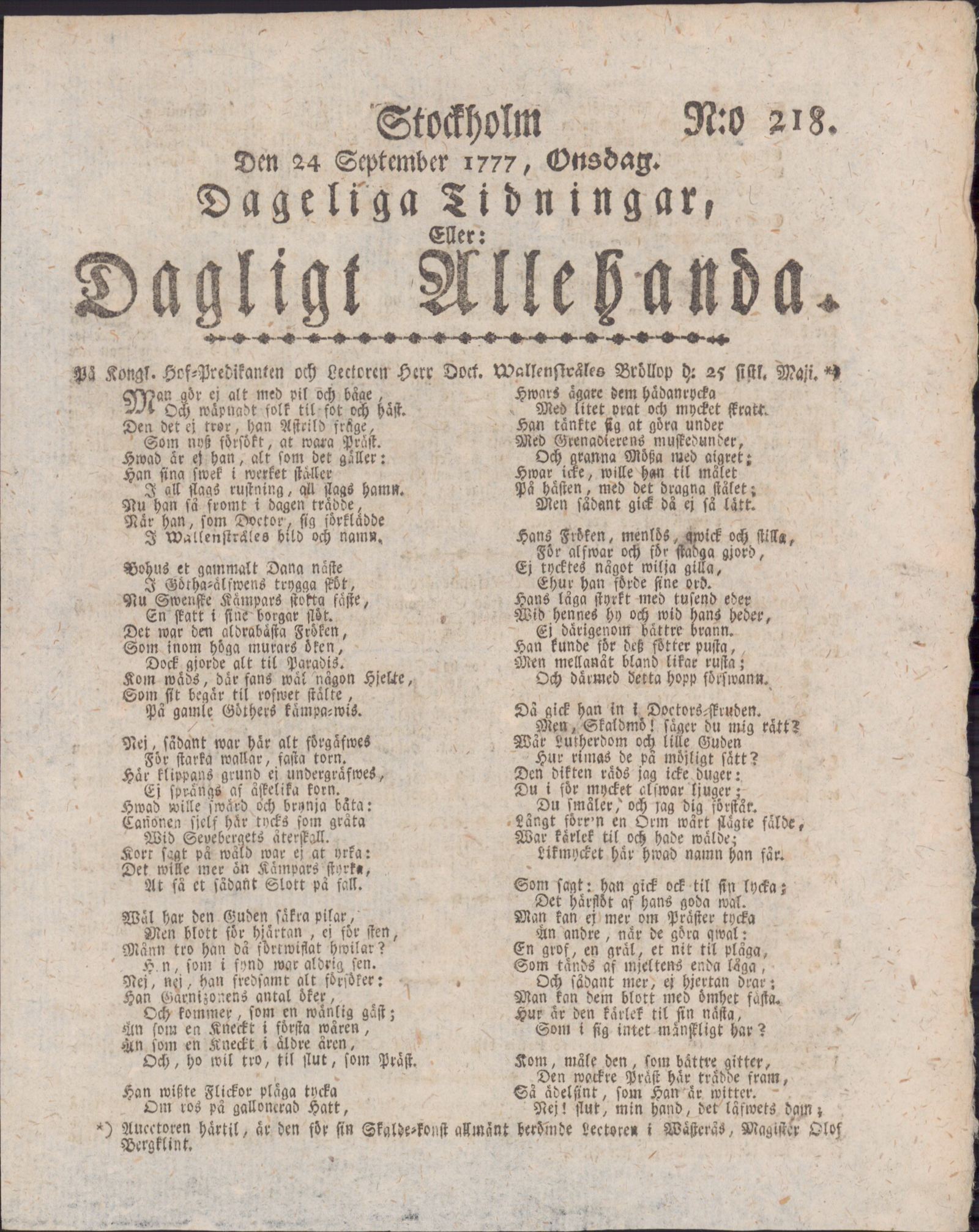 Tidningssida ur DAGLIGT ALLEHANDA, 1777-09-24