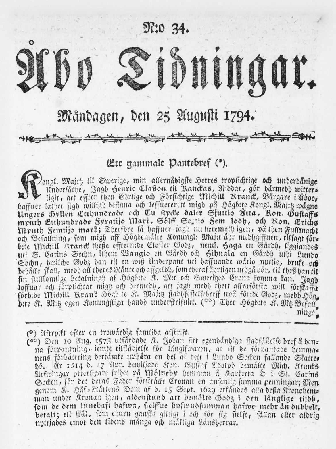 Tidningssida ur ÅBO TIDNINGAR, 1794-08-25