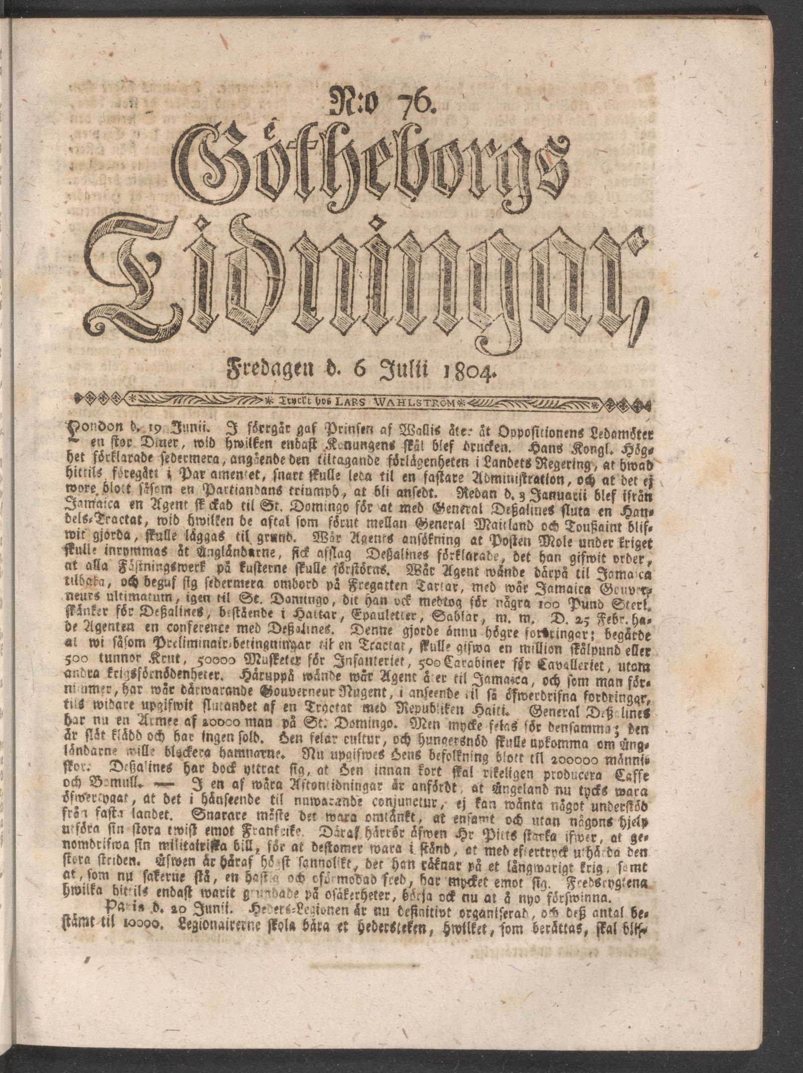 Tidningssida ur GÖTHEBORGS TIDNINGAR, 1804-07-06