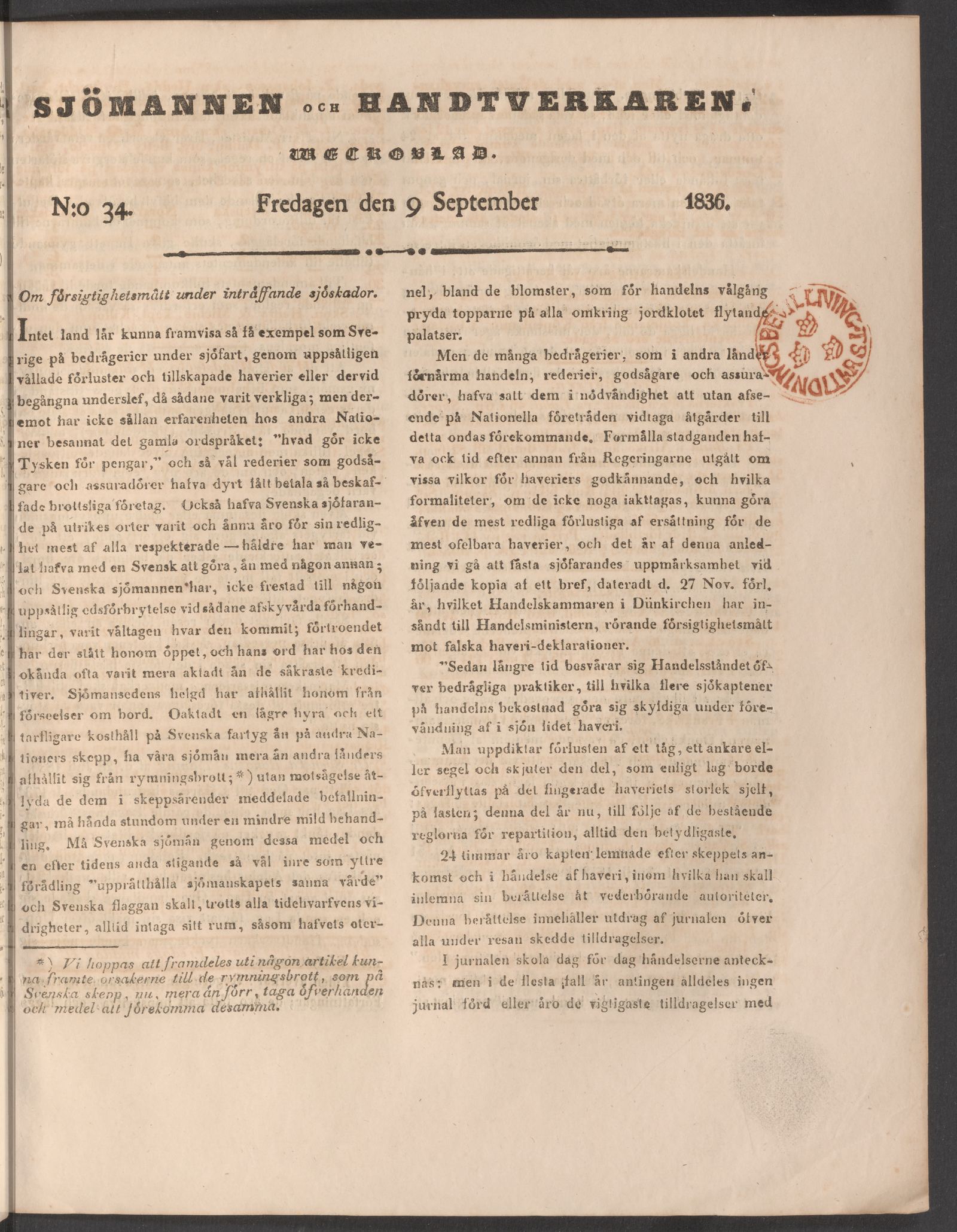 Tidningssida ur SJÖMANNEN OCH HANDTVERKAREN, 1836-09-09