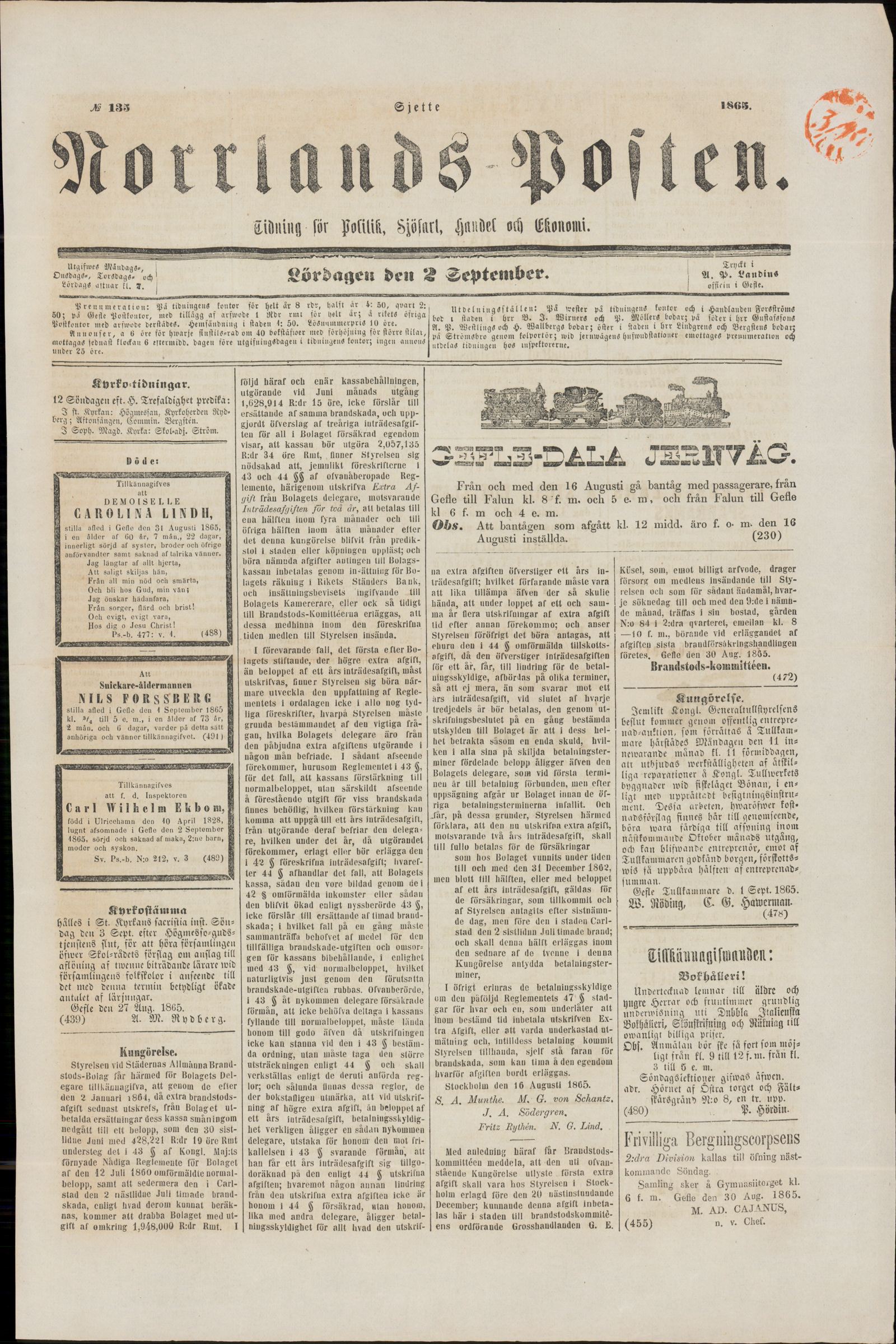 Tidningssida ur NORRLANDSPOSTEN, 1865-09-02